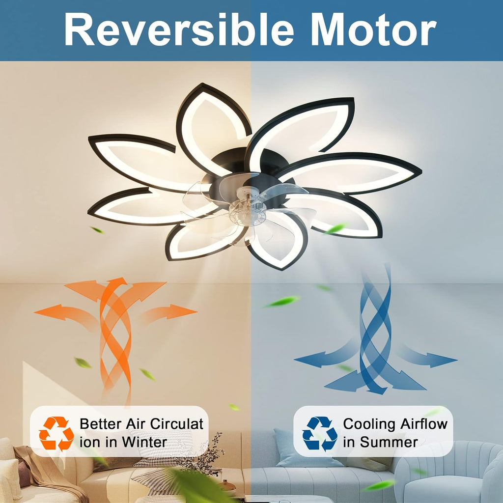 35' Geometric Ceiling Fan with Light Remote Control, 6 Speeds 3 Colors, Black Low Profile Flush Mount Ceiling Fan for Kitchen Bedroom Living Room