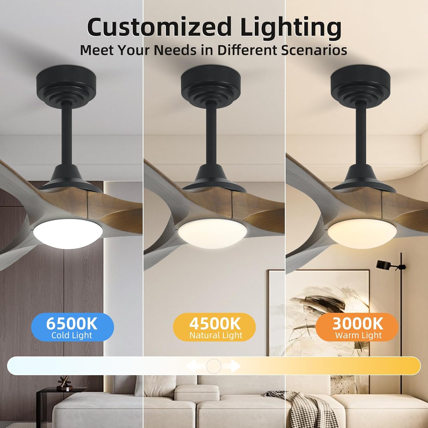 52' Outdoor Ceiling Fan with Light, Compatible with Alexa/Google, 3 Walnut Solid Wood Blade, Noiseless Reversible Dc Motor, Smart Outdoor Wood Ceiling Fan for Farmhouse Patios, Bronze