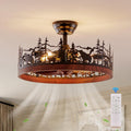 21 Inch Flush Mount Farmhouse Ceiling Fan with Light and Remote, Rustic Walnut Wood Grain Bladeless Fandelier Chandeliers Fan, Forest Ceiling Fan for Living Room, Bedroom