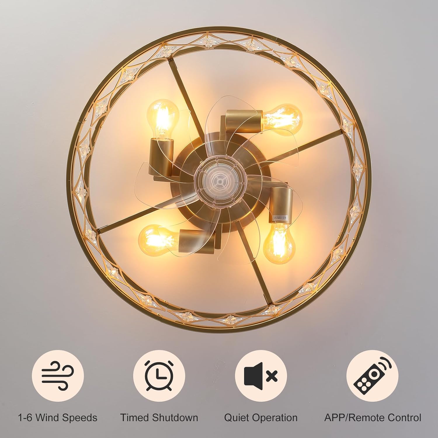 Garwarm Caged Ceiling Fan with Light,20' Ceiling Fans with Lights and Remote,Bladeless Fandelier Small Low Profile Ceiling Fan Light Fixture for Bedroom,Kitchen,Dining Room,Gold