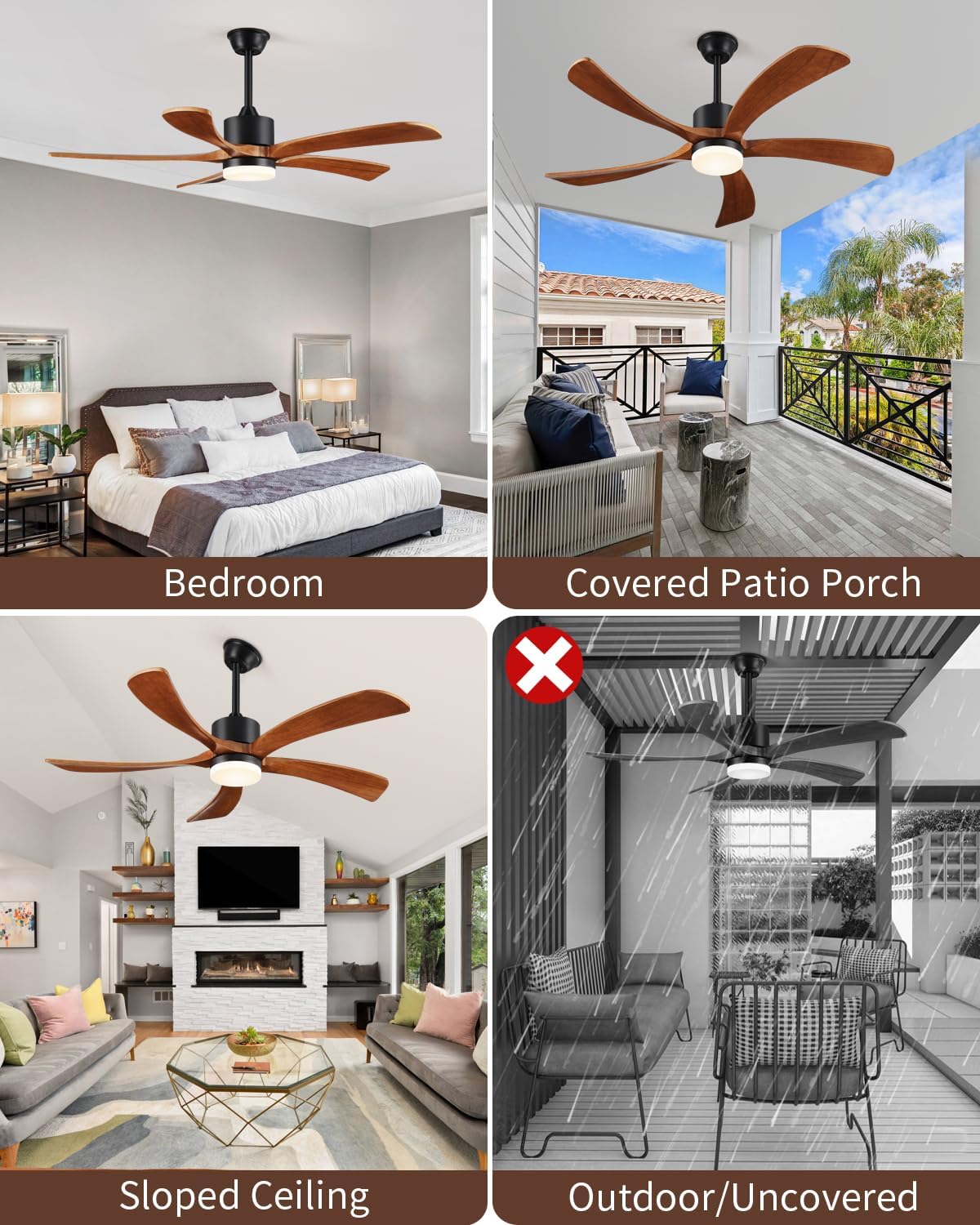 52 Inch Ceiling Fans with Lights Remote Control, 5 Blade Wood Ceiling Fan for Outdoor, 3 Downrods, ETL Listed, Timer, 6 Speeds Noiseless Quiet DC Motor Fan for Patio Bedroom, Yellow Walnut