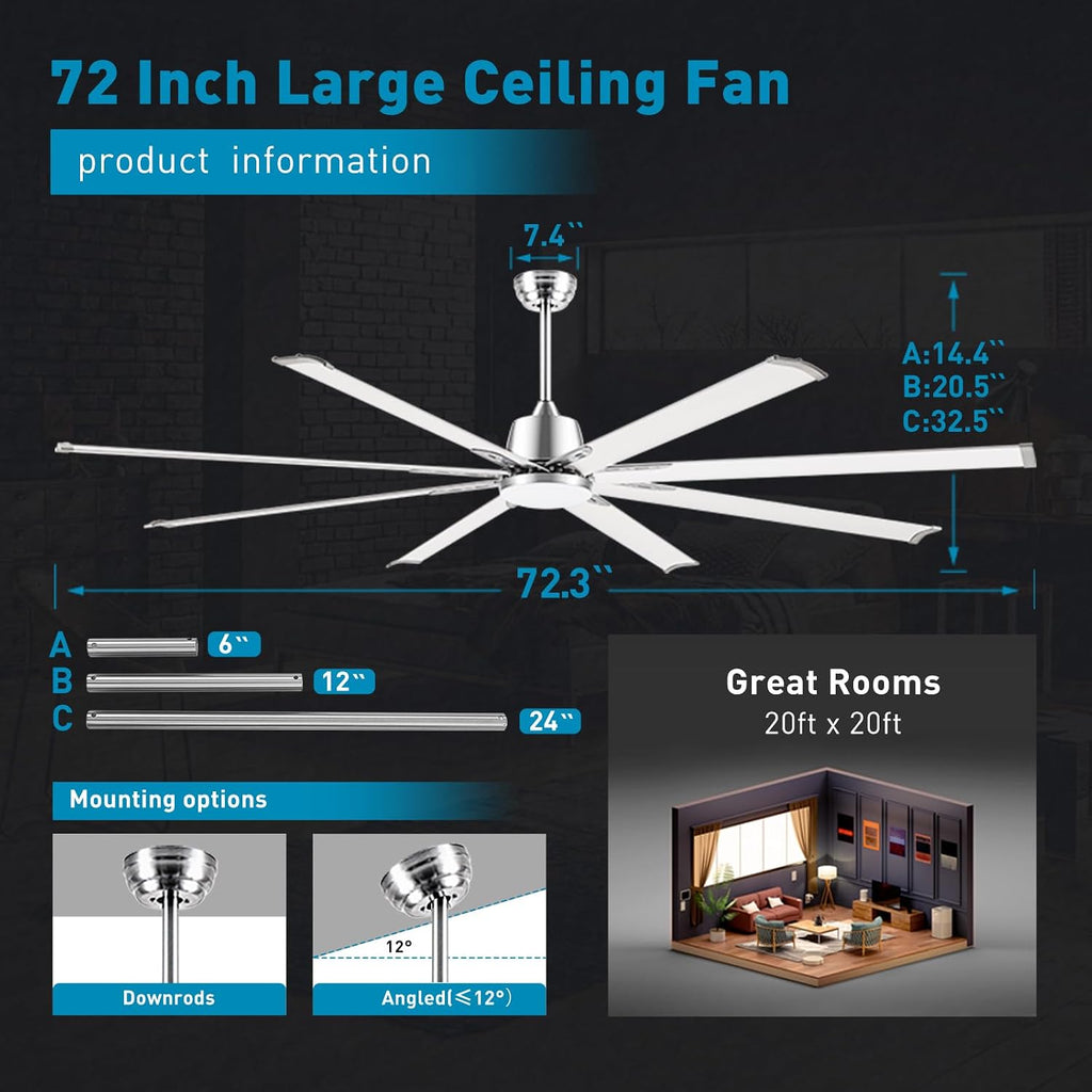 72 lnch lndustrial Celing Fan with Light and Remote Control,Large Celing Fan with 8 Brushed Nickel Aluminum Blades,6 Speed Noiseless DC Motor,Wet Rated Indoor Outdoor Ceiling Fans for Patio,Garage