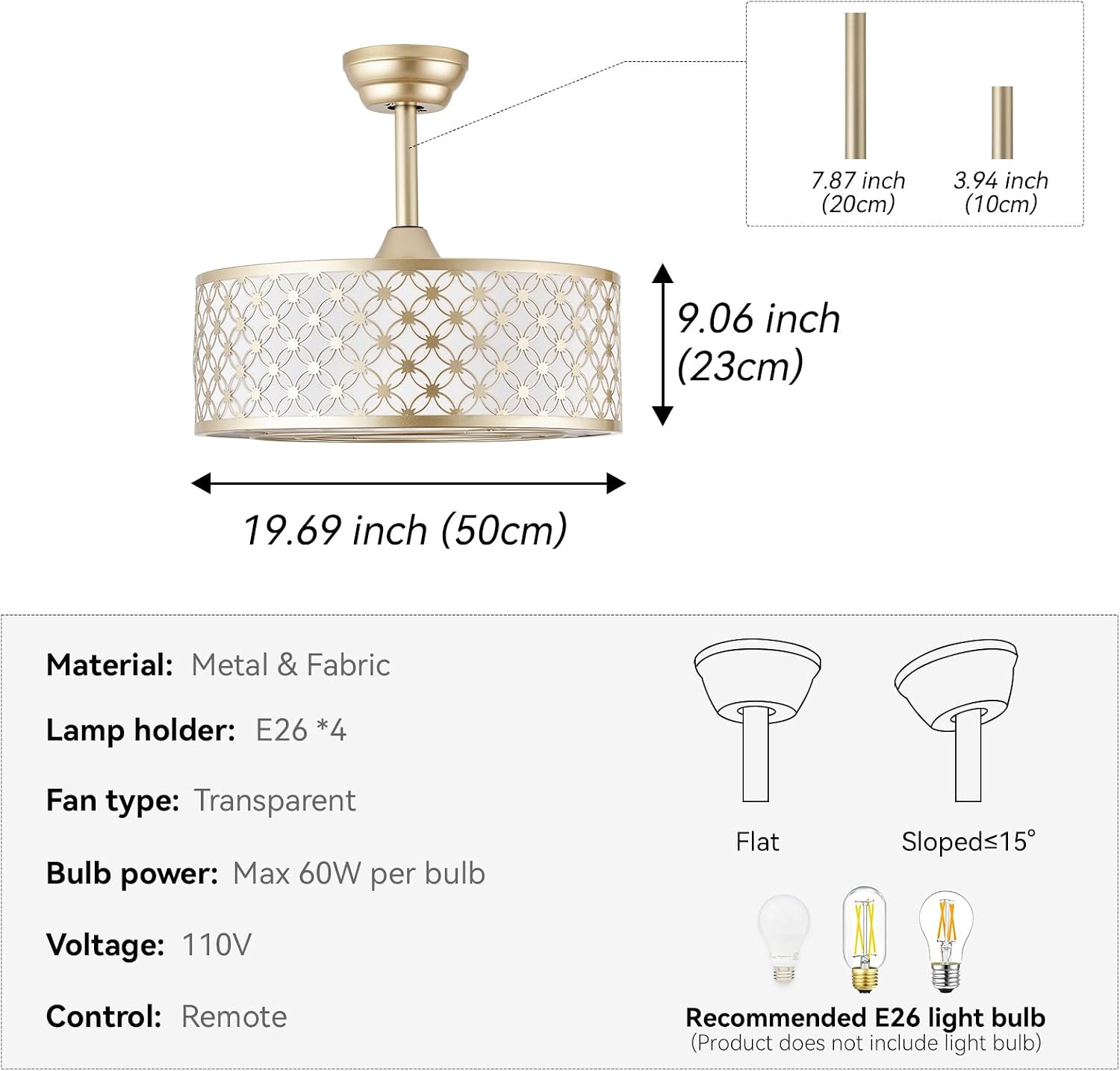 Gold Fandelier Ceiling Fan with Light, 20' Caged Gold Chandelier Ceiling Fans with Lights Remote Control, Fabric Mid-Century Modern with 6 Speeds for Bedroom, Nursery, Living Room.