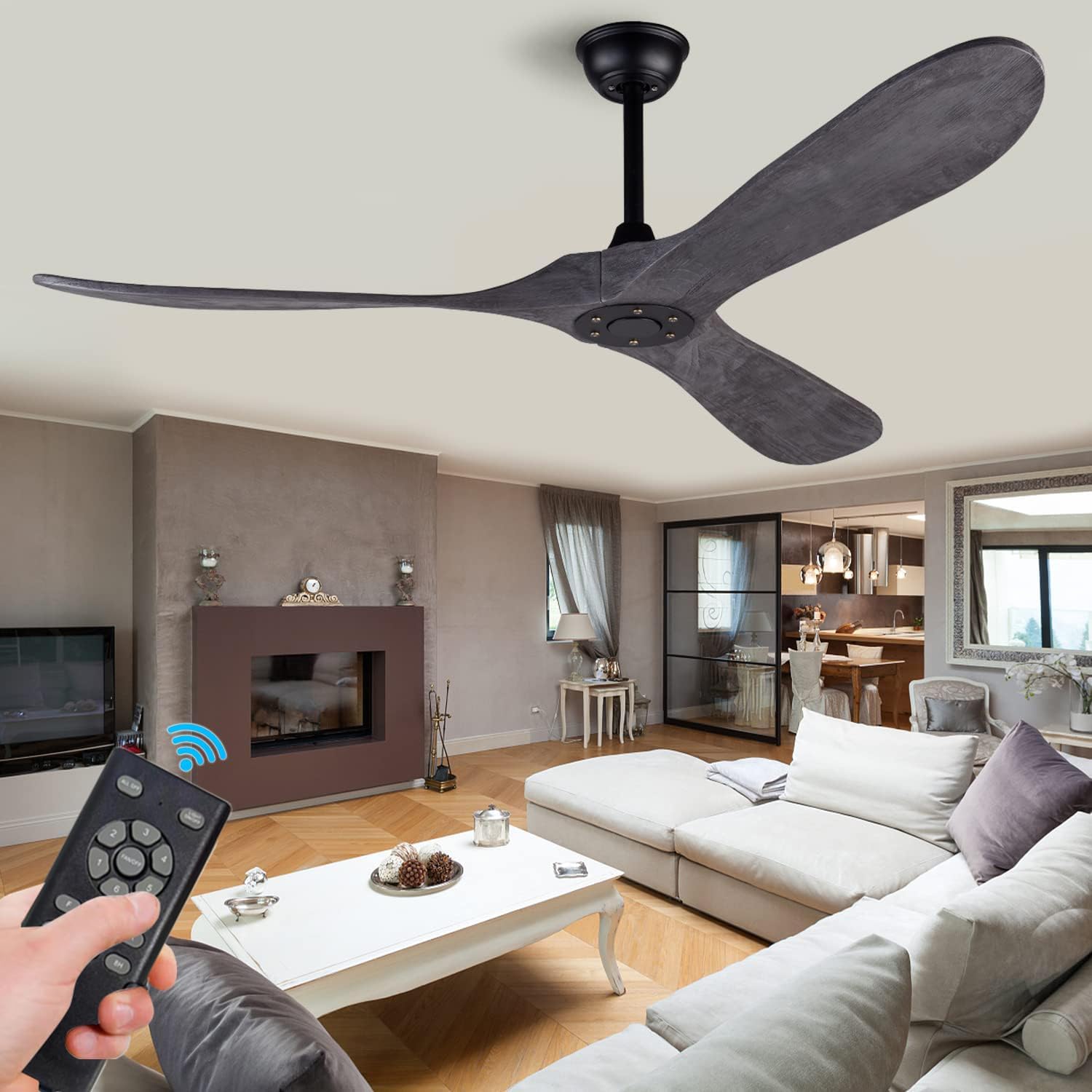 60 Inch Ceiling Fan without Light ，Wood Indoor Outdoor Ceiling Fans No Light for Patios Big Outside Farmhouse Ceiling Fan for Living Room Dining Room (Grey)