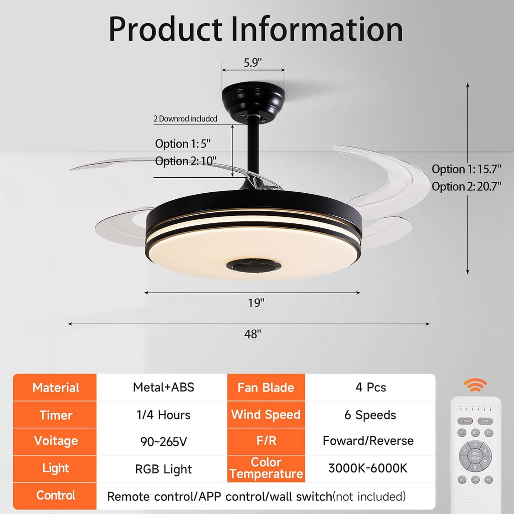 48 Inch Retractable Ceiling Fans with Lights, RGB Ceiling Fan with Remote Control,Speaker, Dimmable, 6 Speed Reversible Smart Ceiling Fans for Living Room Bedroom