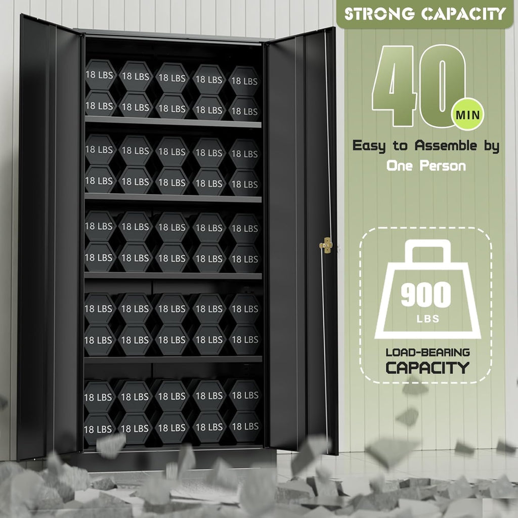SUNCROWN Metal Storage Cabinets with Lock, Tool Cabinet, 72' Locking Steel Storage, Tall Locker Organizer Garage Cabinets with 2 Doors and 4 Shelves for Home,Garage,Office,School, Garage, Black