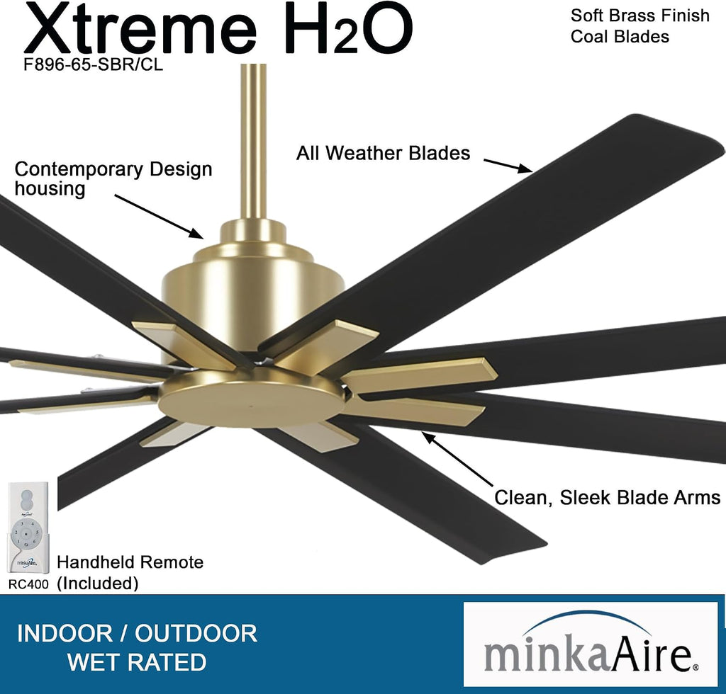 MINKA-AIRE F896-65-SBR/CL Xtreme H2O 65 Inch DC Motor Outdoor Ceiling Fan with Remote Control in Soft Brass Finish with Coal Blades