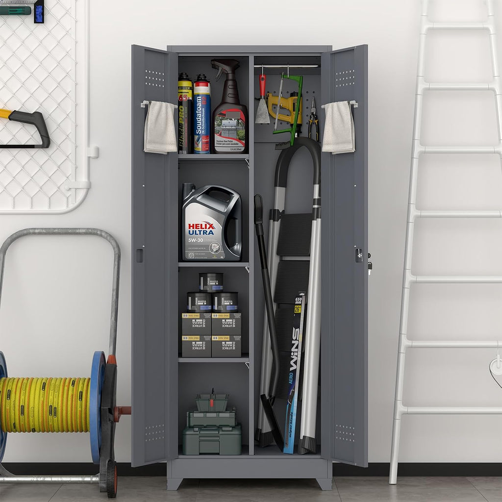 IRONFFICE Metal Lockable Storage Cabinet,Tall Garage Storage Cabinets with 2 Doors,Locking Cabinets for Office,Home,Utility Room,Grey