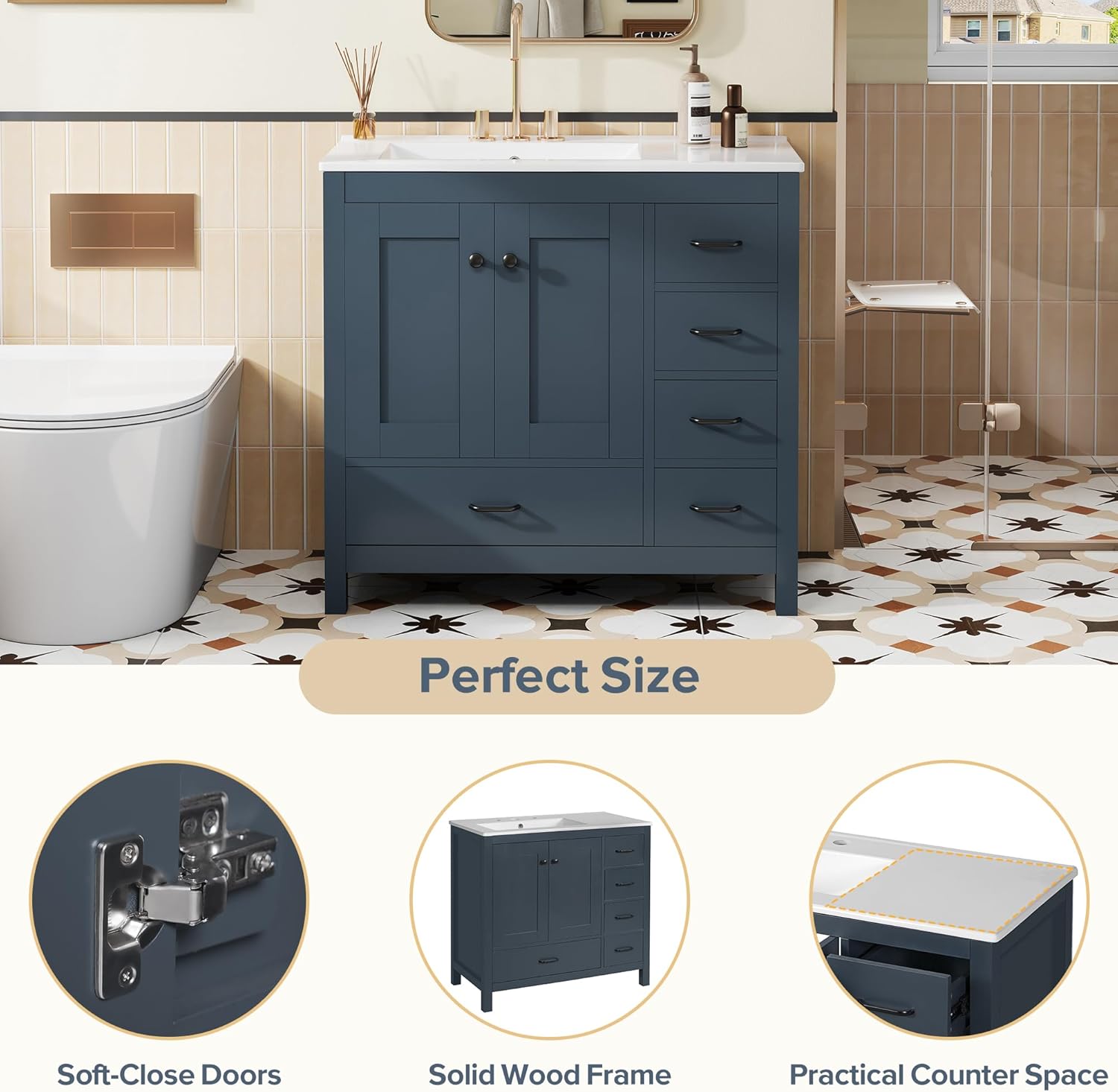 LUMISOL 36 Inch Bathroom Vanity with Sink, Freestanding Bathroom Cabinet with Ceramic Sink, Modern Single Vanity with Soft Close Doors & Drawers for Guest Bath, Master Suite, Rental, Blue
