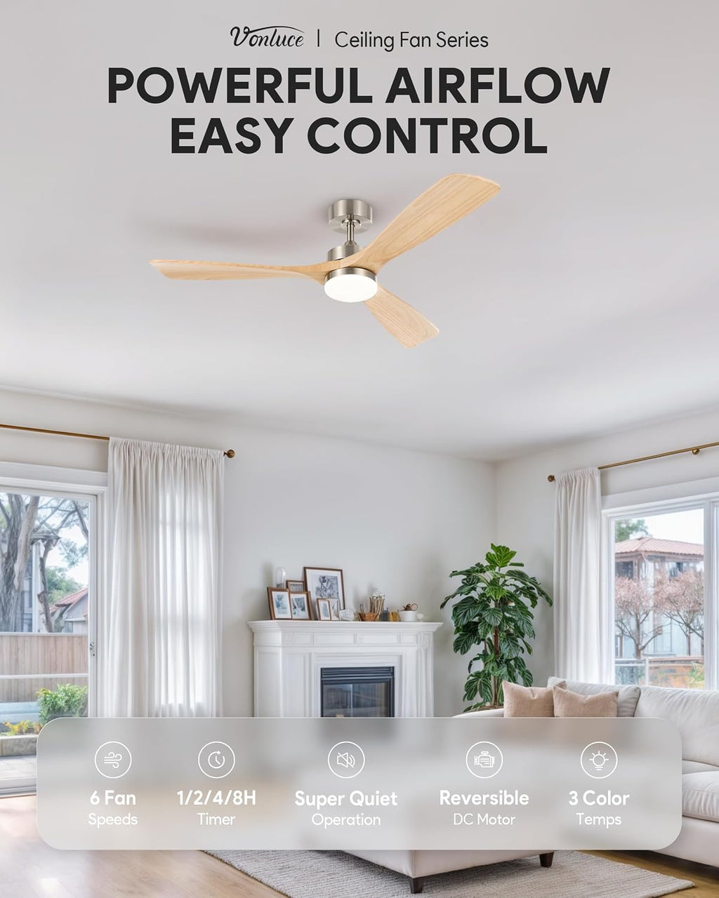 VONLUCE Wood Ceiling Fan with Lights, 52 Inch Ceiling Fan and Remote, 6 Speed Reversible Noiseless DC Motor, 3CCT, Solid Wood Outdoor Ceiling Fan for Patios Farmhouse, Nickel