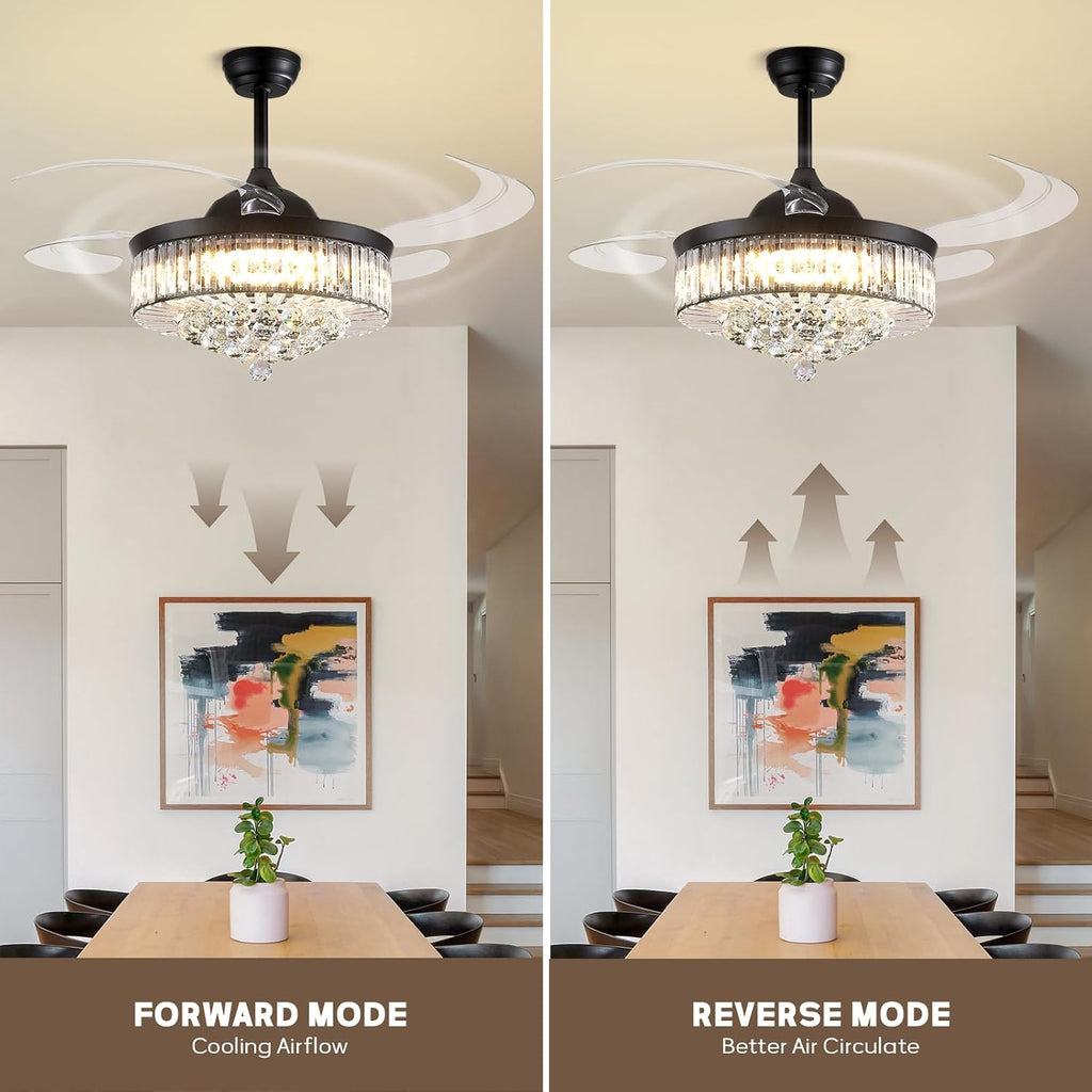 48'' Crystal Fandelier Ceiling Fan with Light, Retractable Blades Ceiling Fans with Light and Remote, Dimmable Chandelier Ceiling Fan for Bedroom Living Room-Black