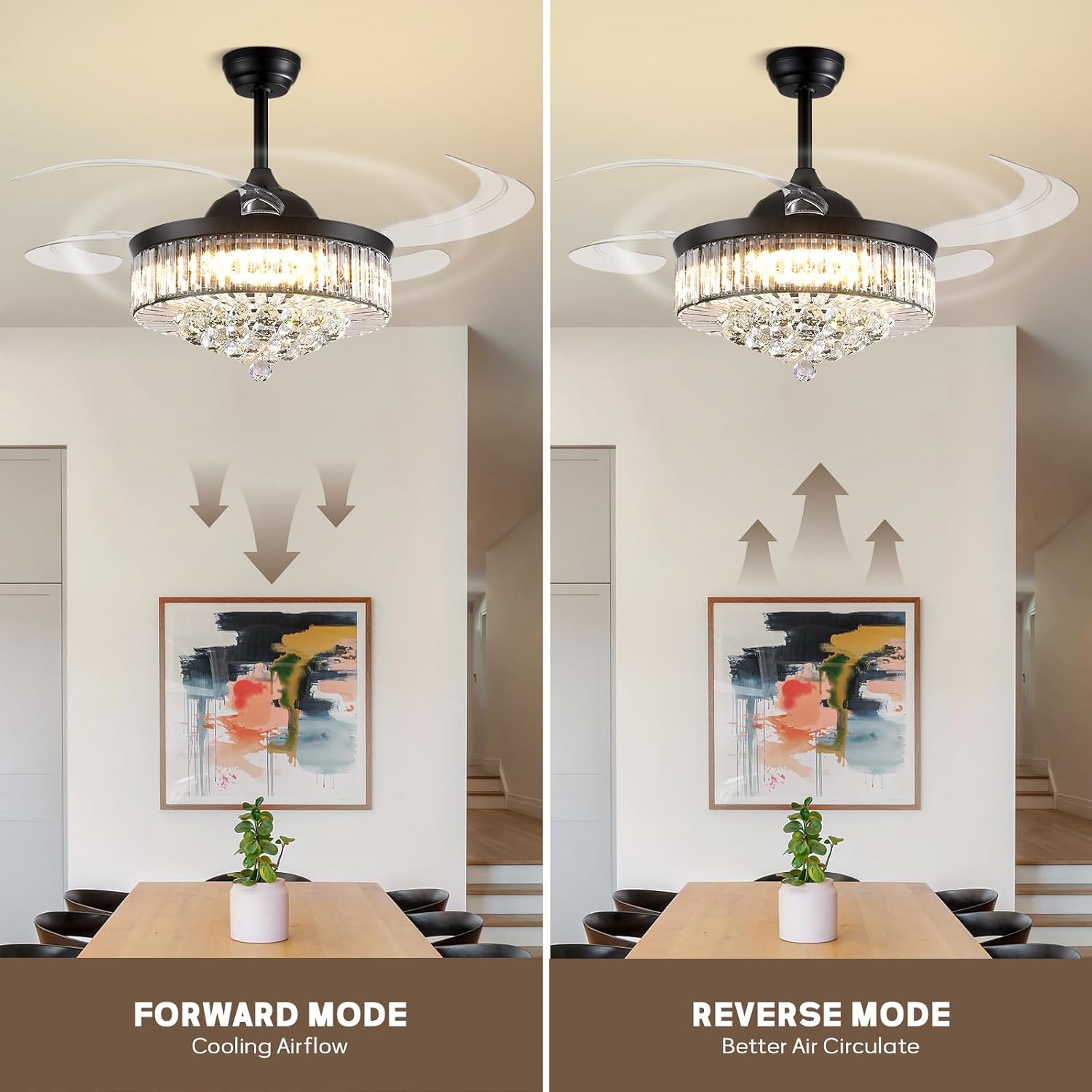 48'' Crystal Fandelier Ceiling Fan with Light, Retractable Blades Ceiling Fans with Light and Remote, Dimmable Chandelier Ceiling Fan for Bedroom Living Room-Black