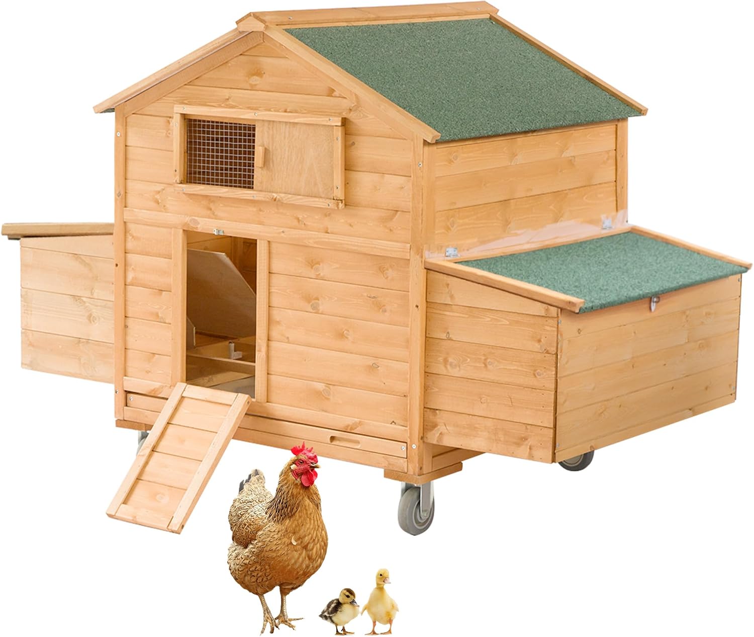 Mobile Chicken Coop with Wheels, Large Hen House with Nesting Boxes,Portable Chicken House for 4-6 Chicken,Wooden Poultry Cage,Waterproof Rabbit Cage,Duck Coop