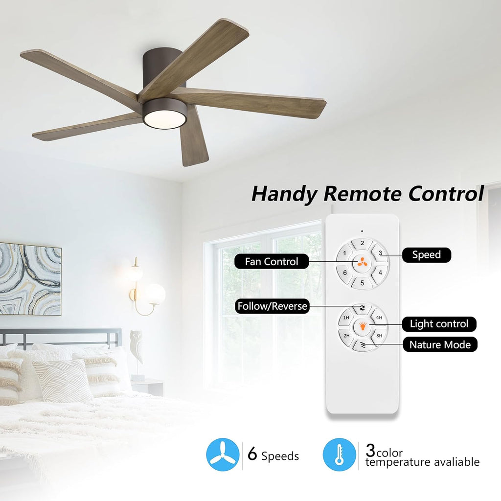 WINGBO 54 Inch Flush Mount DC Ceiling Fan with Lights and Remote, 5 Reversible Carved Wood Blades, 6-Speed Noiseless DC Motor, Hugger Ceiling Fan in Graphite Finish with Gray Blades, ETL Listed
