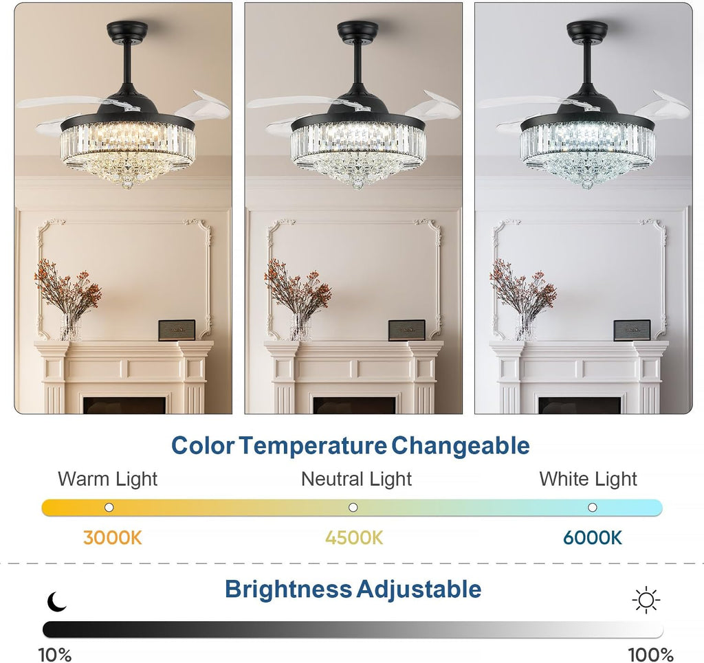 FIDGRA 42'' Fandelier Ceiling Fan with Light, Retractable Chandelier Fan, 3 Color Temperature, 6 Wind Speed, Crystal Ceiling Fan for Bedroom Living Room Dining Room-Black