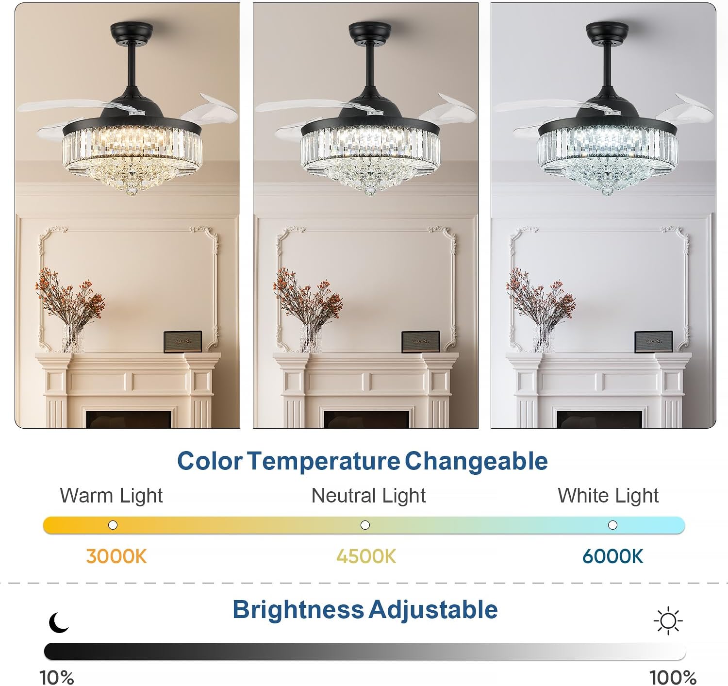 FIDGRA 42'' Fandelier Ceiling Fan with Light, Retractable Chandelier Fan, 3 Color Temperature, 6 Wind Speed, Crystal Ceiling Fan for Bedroom Living Room Dining Room-Black