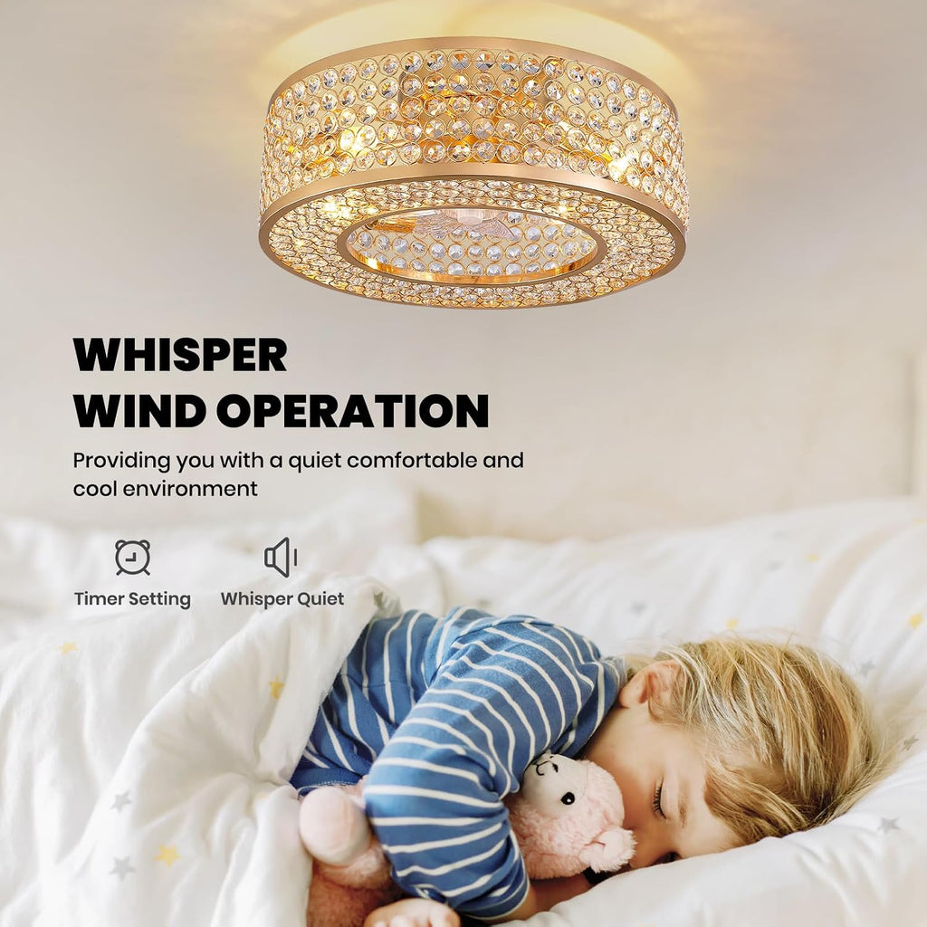 20' Caged Crystal Ceiling Fan with Lights Flush Mount Gold Fandelier Low Profile Chandelier Fan Enclosed Ceiling Fan Light Fixtures with Reversible Motor for Bedroom Kitchen Living Room