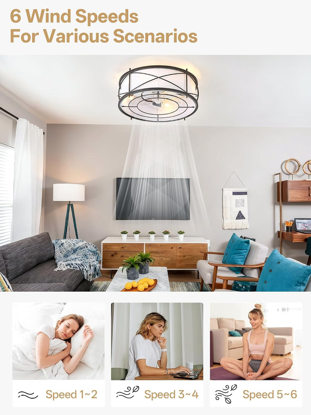 Black Flush Mount Farmhouse Ceiling Fan with Lights, 20' Caged Rustic Ceiling Fans with Light and Remote, Enclosed with 6 Speeds for Living Room, Bedroom, Nursery