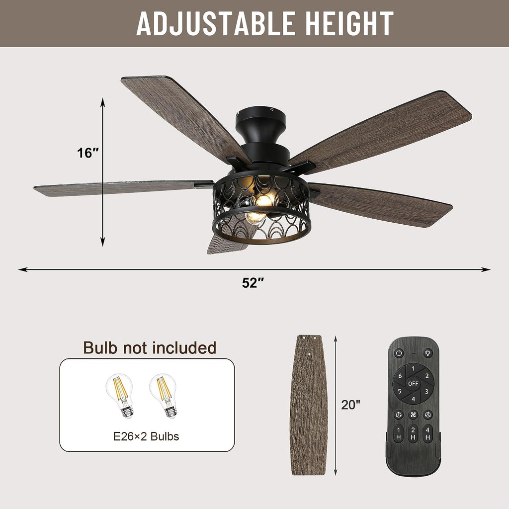 52'' Ceiling Fan with Lights, Flush Mount Farmhouse Ceiling Fan with Remote Control, 6 Speeds Reversible DC Motor, Low Profile Industrial Caged Ceiling Fan for Bedroom Living Room