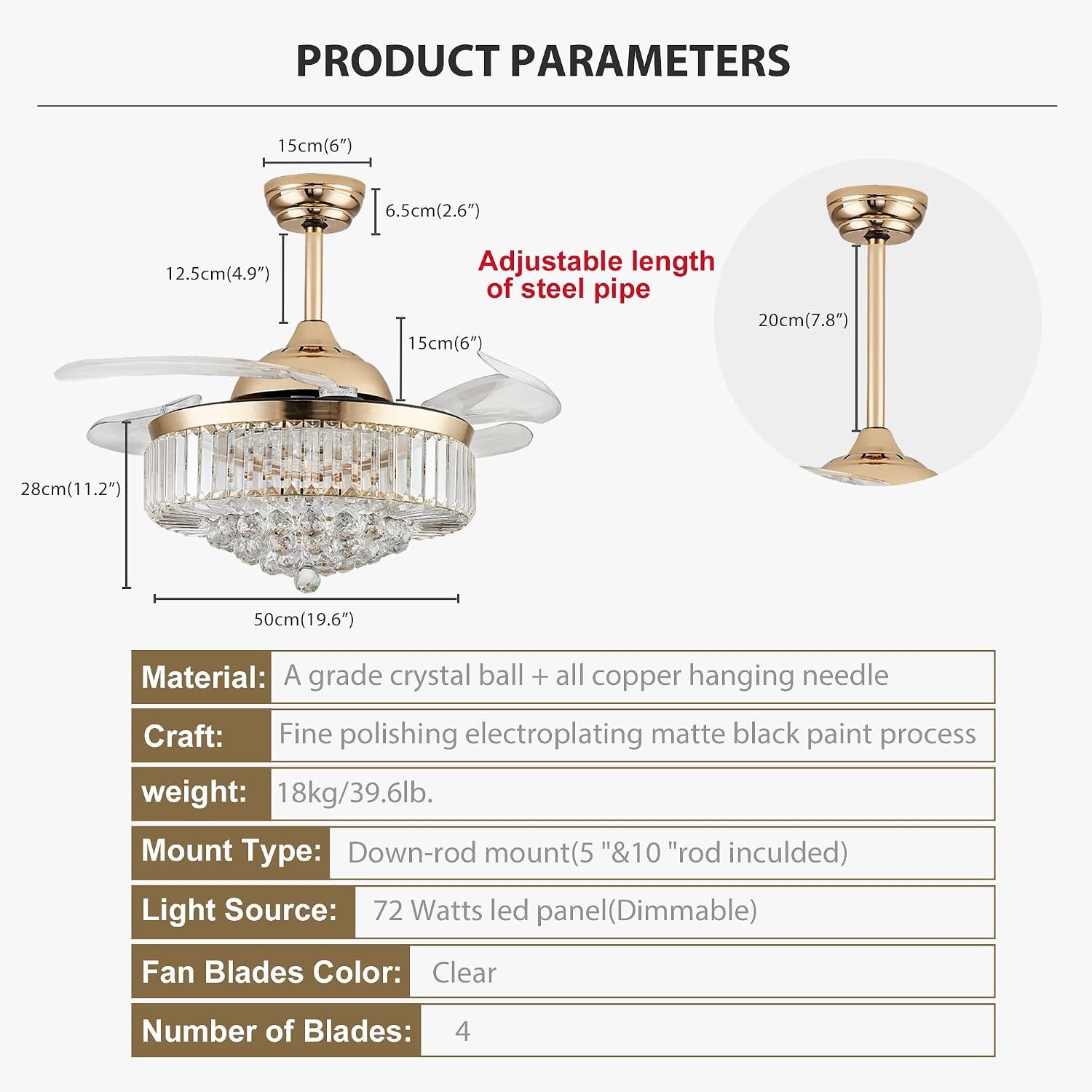 42' Chandelier Ceiling Fan Lighting Dimmable Remote Control Fandeliers Crystal Ceiling Fan with Lights for Bedroom Living Room Speed 3 Light (Gold