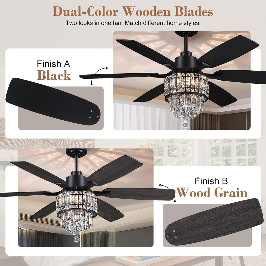 Kviflon 52 Inch Crystal Ceiling Fan with RGB Lights, Black Fandelier Ceiling Fan with Light and Remote/APP Control, Modern Chandelier Ceiling Fan for Bedroom Living Room, Quiet DC Motor, Dimmable LED