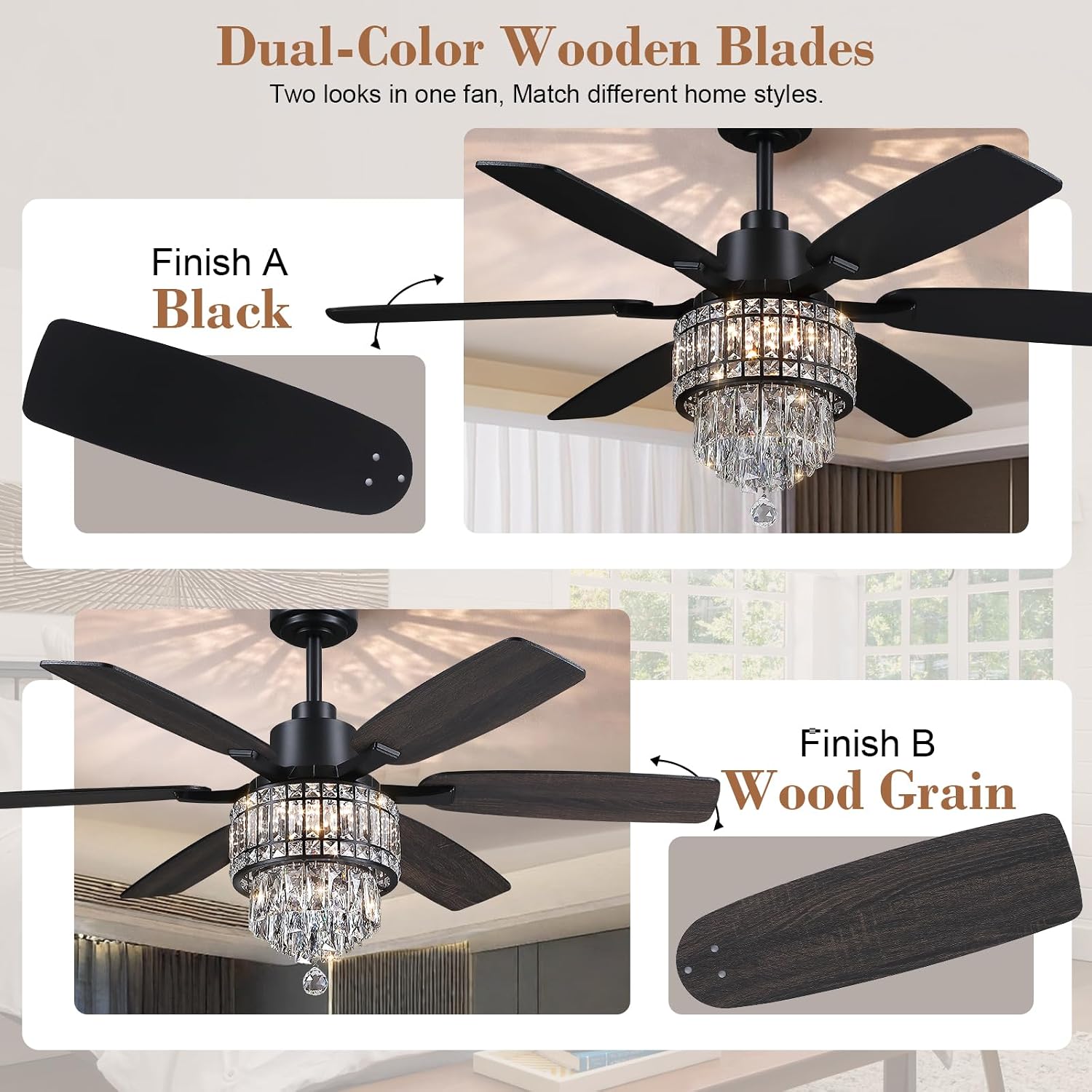 Kviflon 52 Inch Crystal Ceiling Fan with RGB Lights, Black Fandelier Ceiling Fan with Light and Remote/APP Control, Modern Chandelier Ceiling Fan for Bedroom Living Room, Quiet DC Motor, Dimmable LED