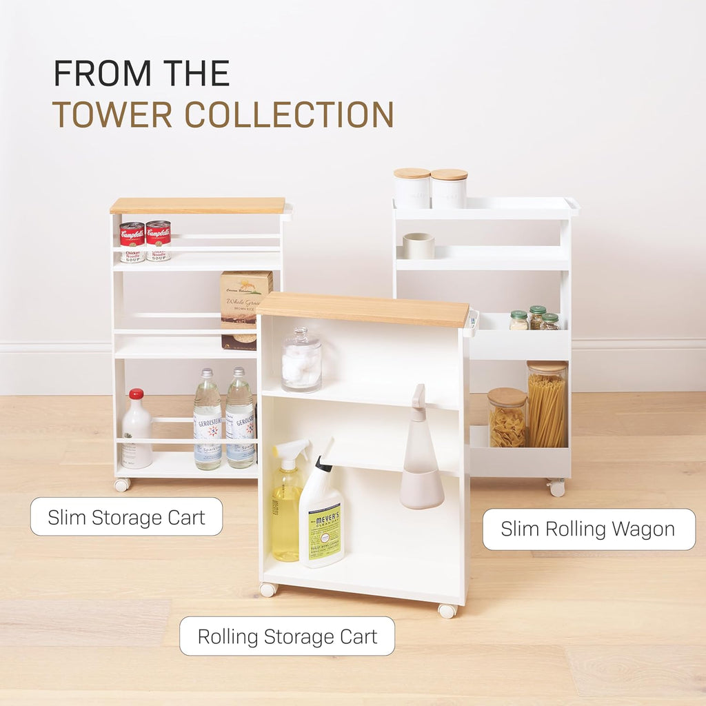 Yamazaki Home Slim Rolling Storage Cart – Narrow Bathroom Storage Cabinet With Handle, Slim Bathroom Storage Cart With Wheels, Easy Assembly, Steel + Wood, White, 27' - Steel -