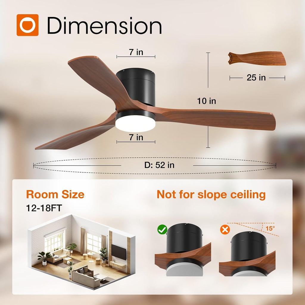 addlon 2 Pack 52 inch Ceiling Fans with Lights, Black Low Profile Ceiling Fan with Light and Remote Control, Flush Mount, Reversible, 3 Wood Blades, 3CCT Dimmable, Ceiling Fan for Indoor/Outdoor Use