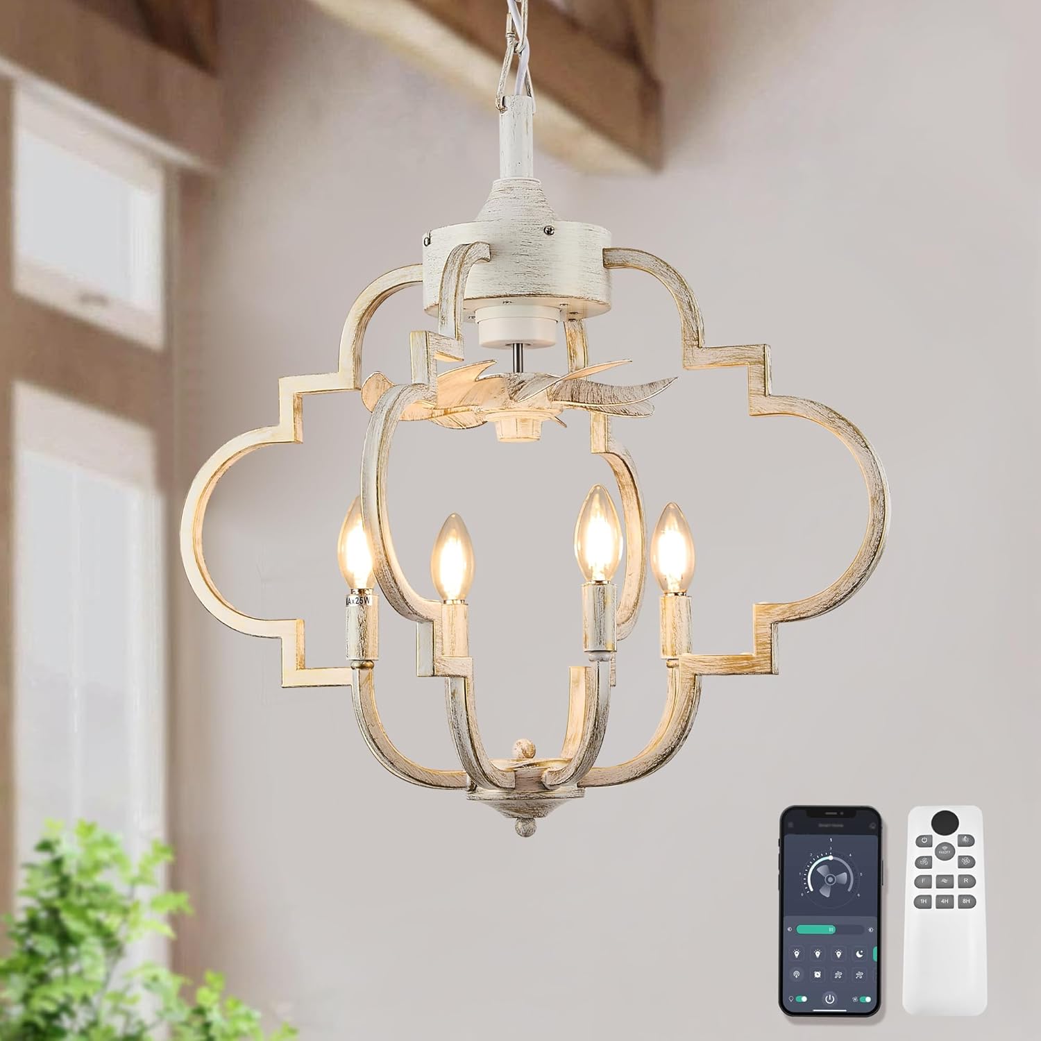 Chandelier Ceiling Fan, 23' Rustic Fandelier Ceiling Fan with Light, 4-Metal Rod Geometric Lantern Design, Vintage Hanging Ceiling Fans for Bedroom, Dining Room, Kitchen-White Gold