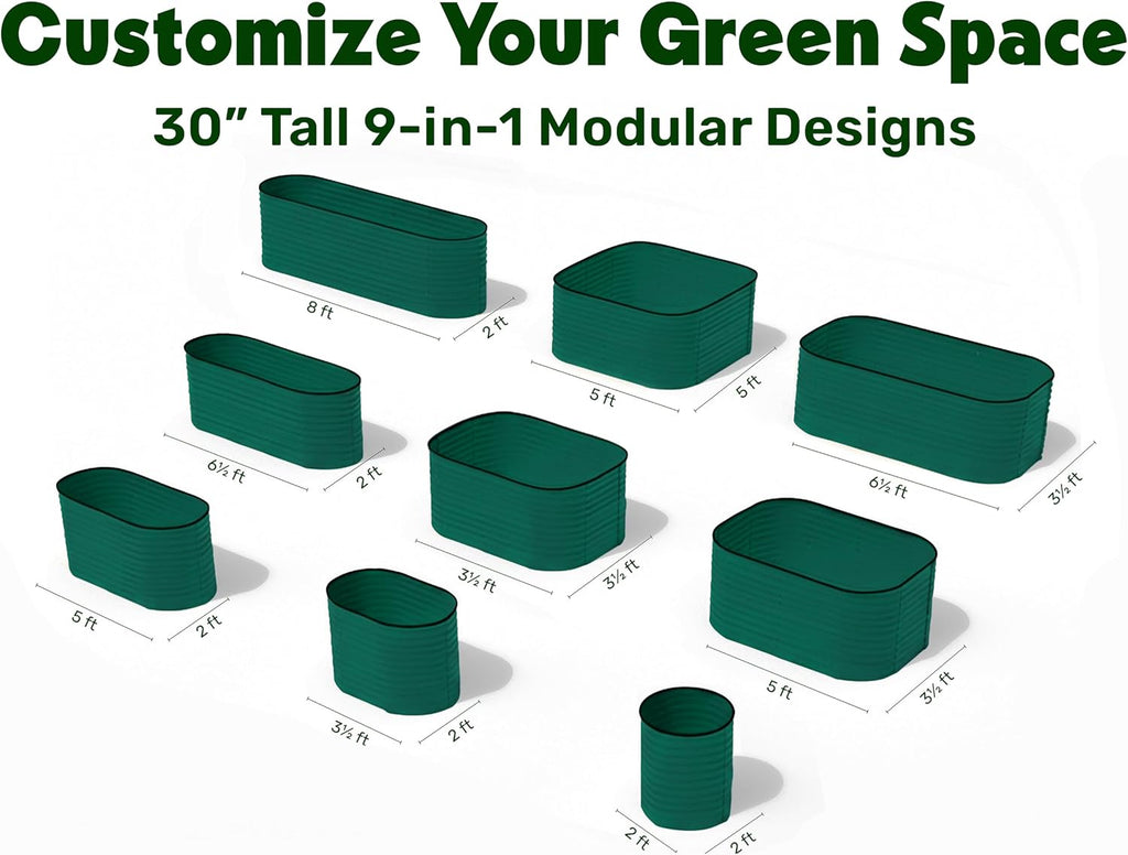 9-in-1 Galvanized Raised Garden Beds Outdoor // 8×2×2.5 ft Modular Planter for Gardening, Vegetables, Flowers // 32' Extra Tall Metal Raised Garden Bed (Dark Green) // Patented Design Planter Box