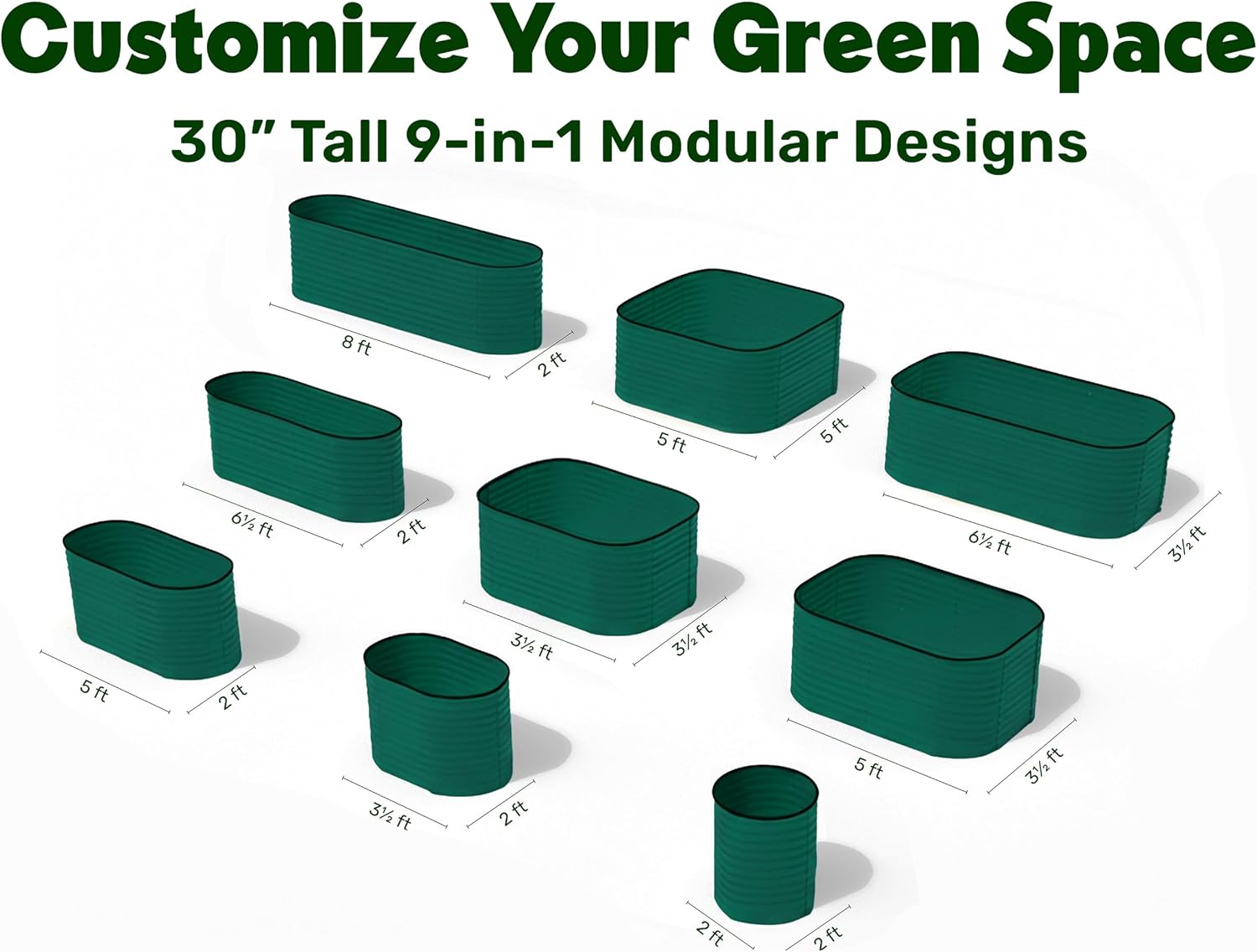 9-in-1 Galvanized Raised Garden Beds Outdoor // 8×2×2.5 ft Modular Planter for Gardening, Vegetables, Flowers // 32' Extra Tall Metal Raised Garden Bed (Dark Green) // Patented Design Planter Box