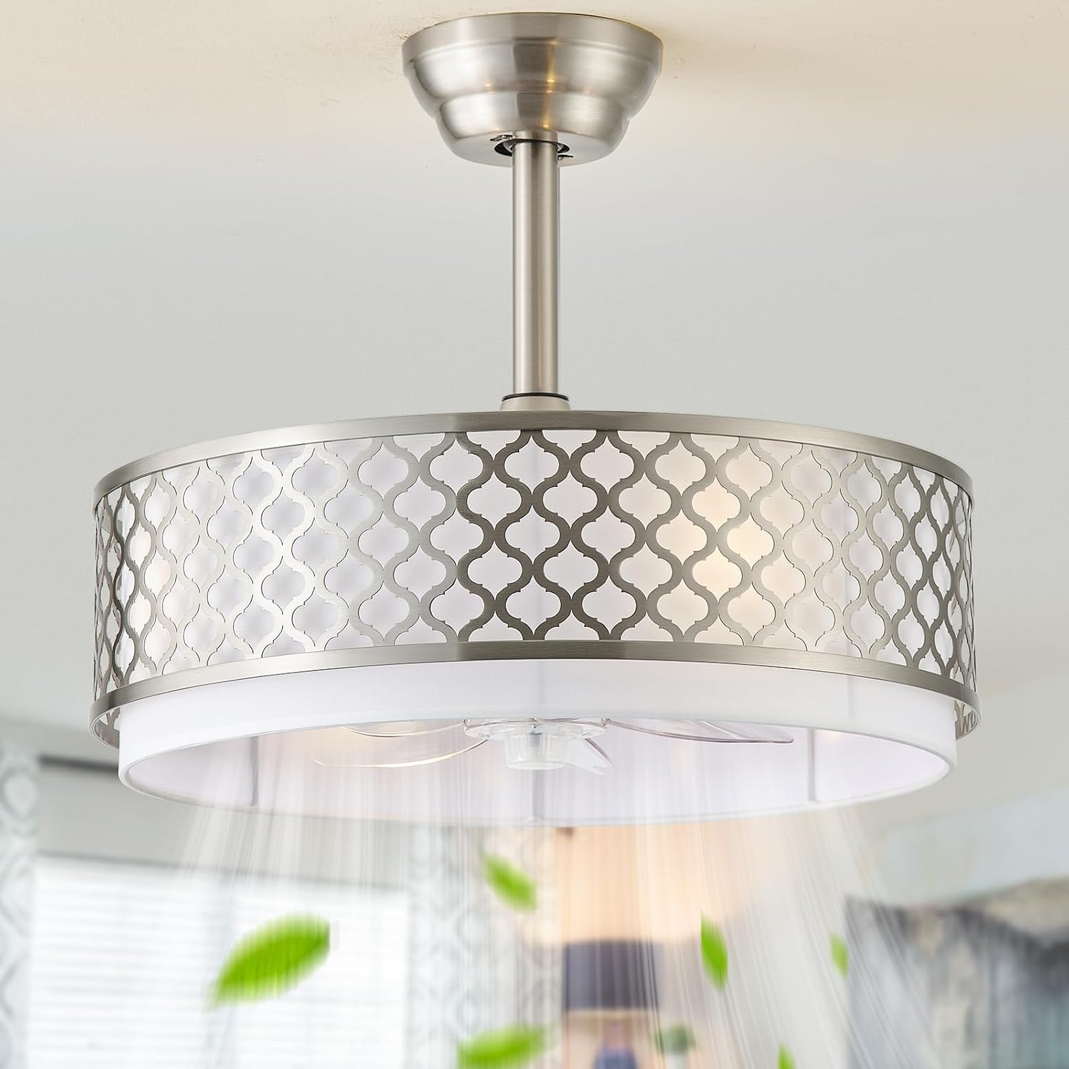 20' Silver Fandelier Ceiling Fan with Lights, Caged Boho Ceiling Fan with Light Remote Control, Rattan with 6 Speeds for Bedroom, Nursery, Living Room