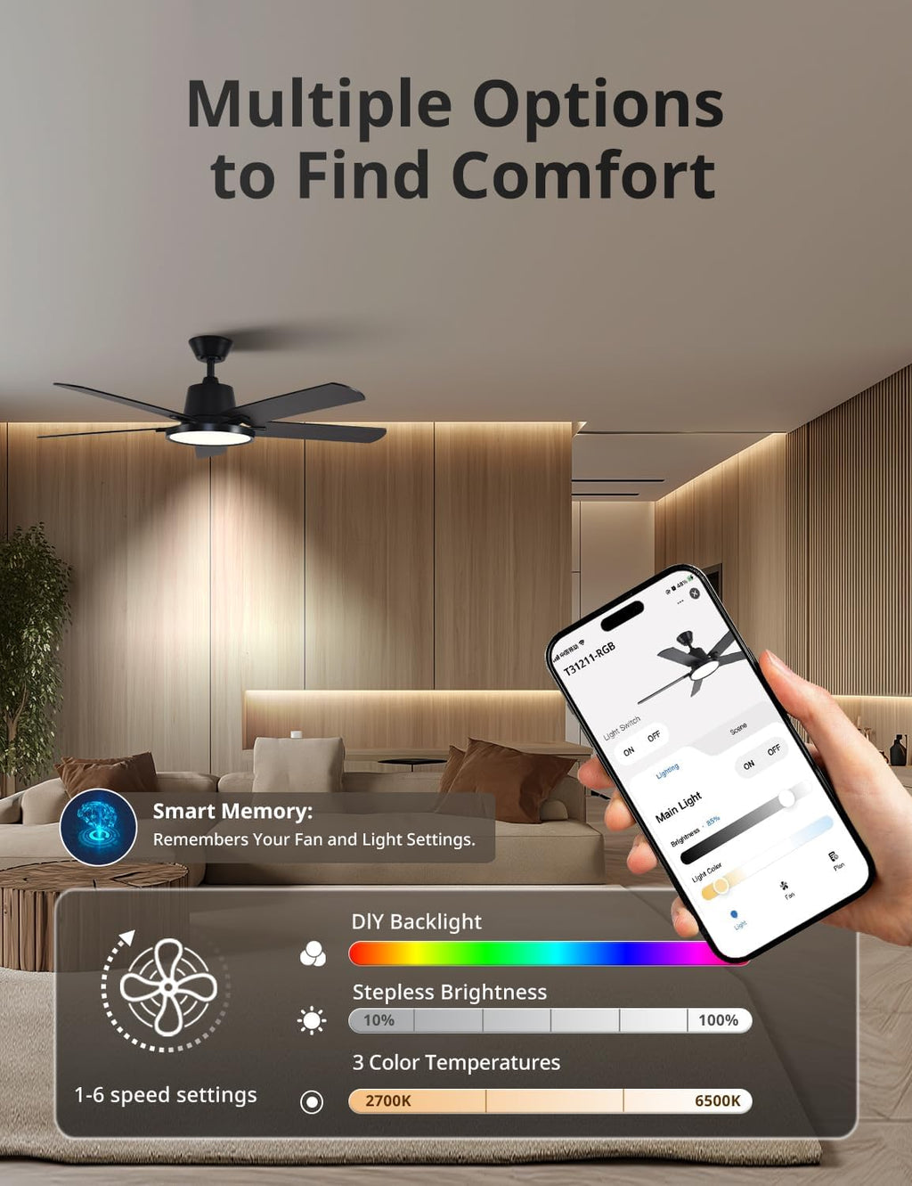 Orison Ceiling Fans with Lights, 52 inch Low Profile Ceiling Fan with RGB Backlight, Flush Mount Ceiling Fan with Remote and App Control,White Bedroom Fan, 6 Speeds, 5 Reversible Blades (Black RGB)