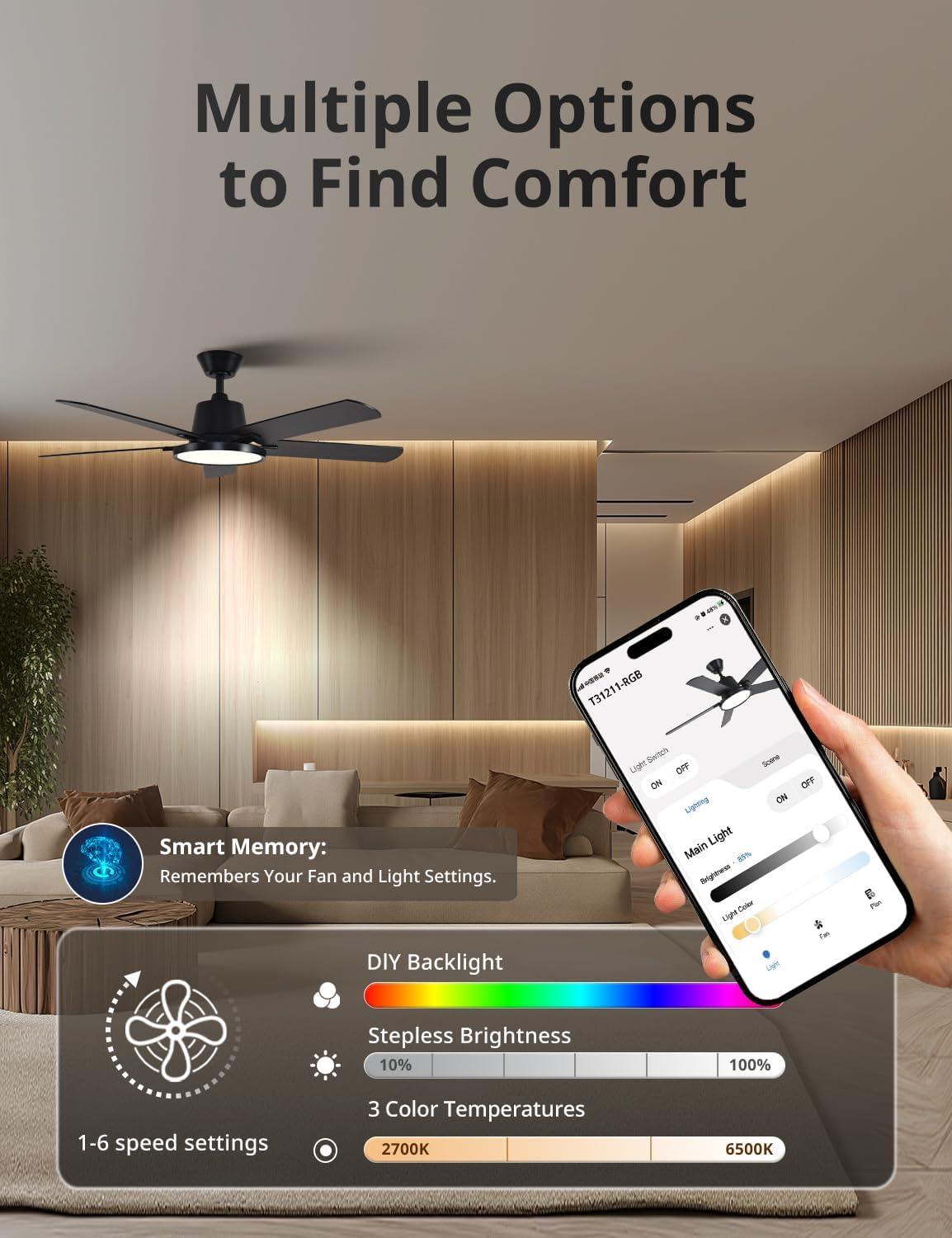 Orison Ceiling Fans with Lights, 52 inch Low Profile Ceiling Fan with RGB Backlight, Flush Mount Ceiling Fan with Remote and App Control,White Bedroom Fan, 6 Speeds, 5 Reversible Blades (Black RGB)