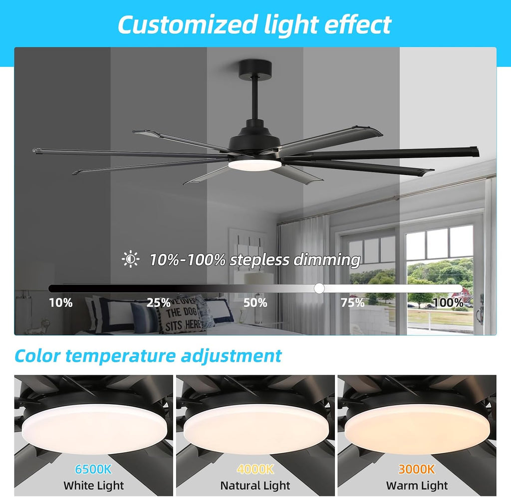 72 inch Ceiling Fans with Lights and Remote Control，Large Ceiling Fan with 8 Aluminum Blades, 3CCT, 6-Speed,Black Commercial Ceiling Fan for Porch/Garage/Shop/Living Room