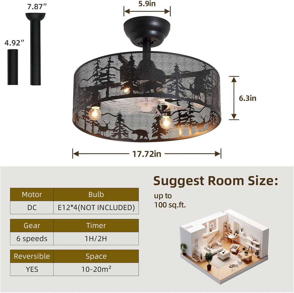 18 Inch Rustic Ceiling Fan with Light and Remote, Black Round Farmhouse Caged Ceiling Fan, Quiet Reversible Motor, Vintage Metal Bear and Deer Design Ceiling Fans for Bedroom Living Room