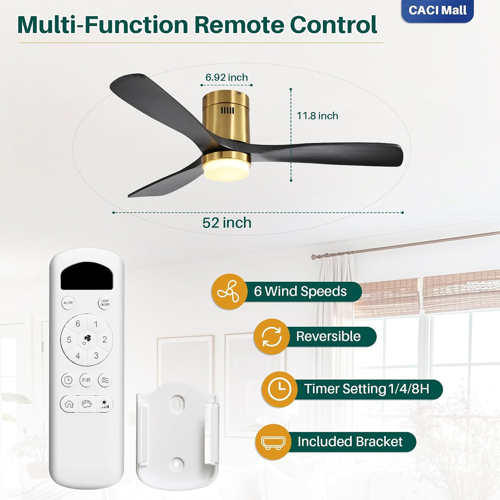 CACI Mall 52 Inch Wood Flush Mount Ceiling Fan with Lights, 3 Blades, Low Profile, Modern, 3CCT, Dimmable, Noiseless, Remote Contral, Outdoor Indoor Ceiling Fans for Bedroom/Farmhouse/Patio
