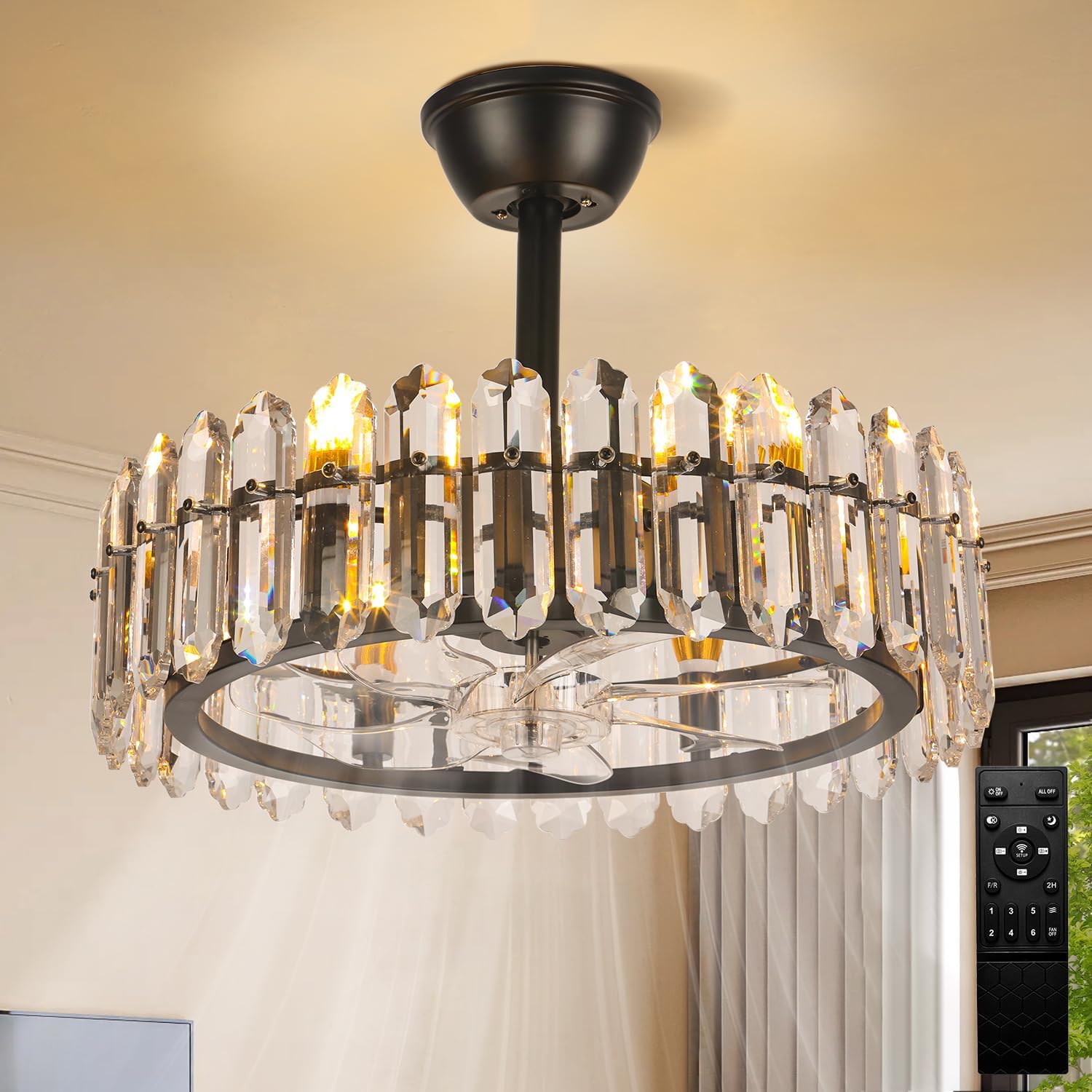 CLAIRDAI Black Crystal Caged Ceiling Fan with Light, 20.7'' Fandelier, 6 x E12 Bulbs Required, Remote Control, 6-Speed Reversible Ceiling Fan, Flush Mount for Bedroom Living Room Dining Room