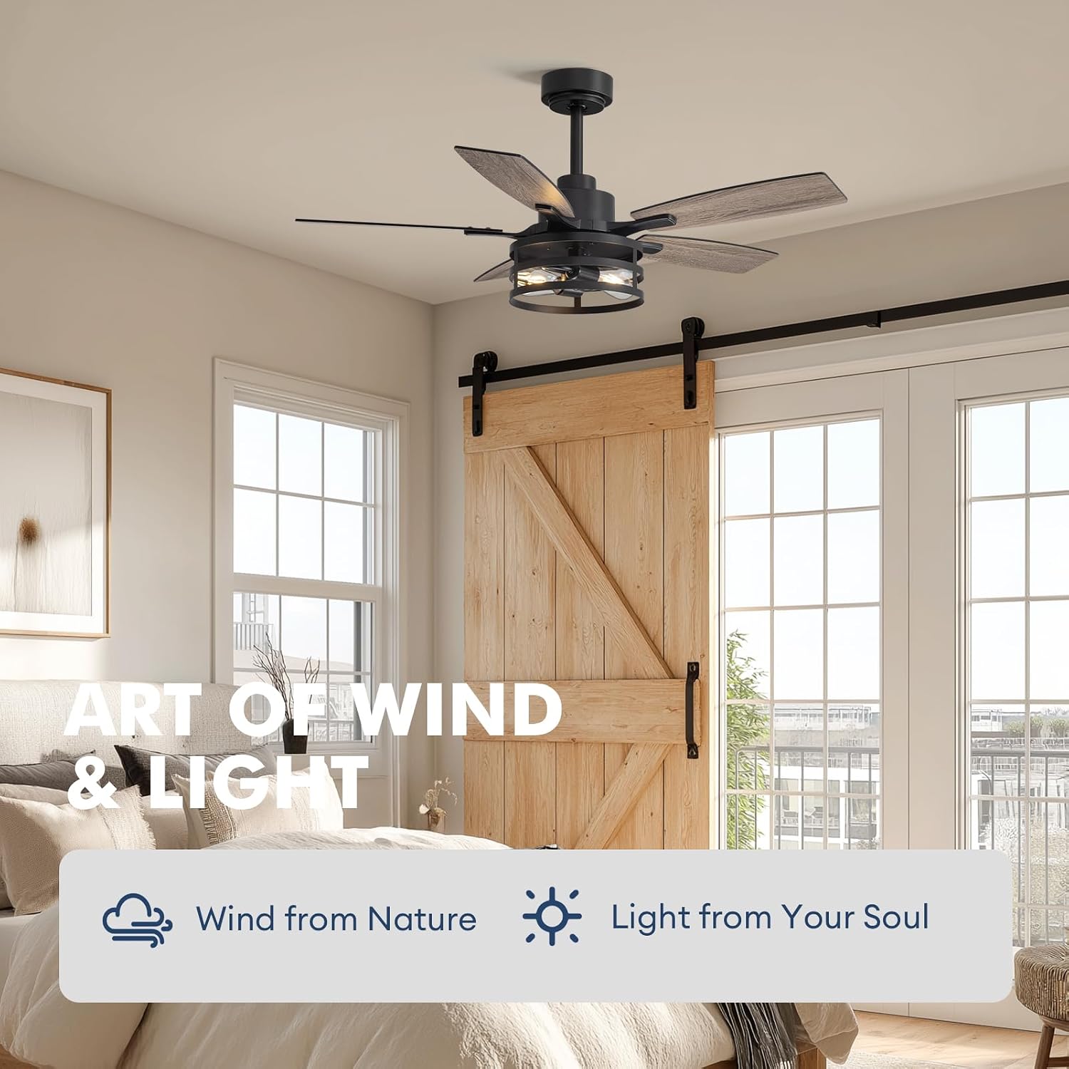 42 Inch Flush Mount Ceiling Fans with Lights and Remote Control, Farmhouse Ceiling Fan with LED Lighting for Bedroom Living Room and Patio, Black Caged Ceiling Fan for Indoor and Outdoor(NO Bulbs)