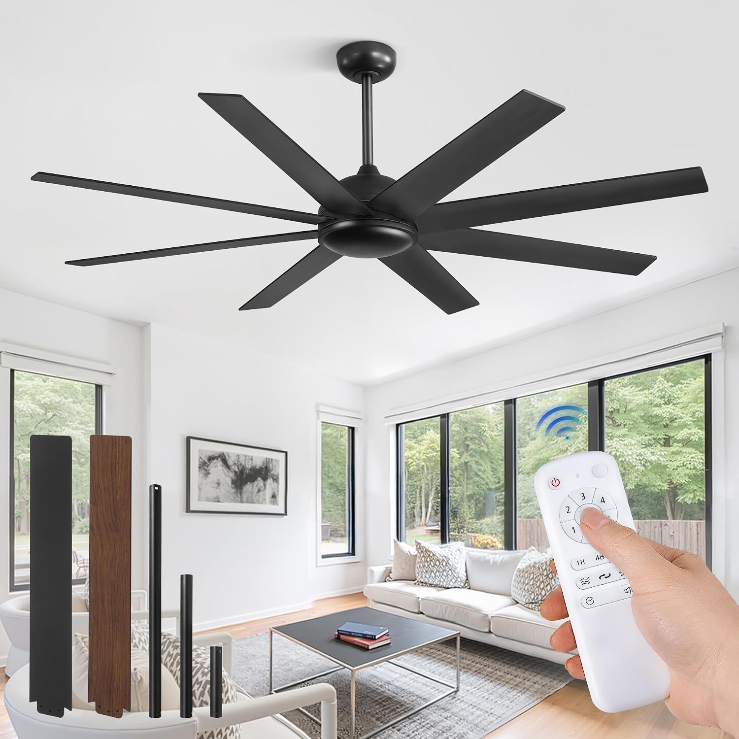 Fanbulous 62 Inch Large Ceiling Fan no Light, Ceiling Fan Black with Remote, 6-Speeds, Quiet Reversible DC Motor, 8 Blades, Indoor/Outdoor Modern Ceiling Fans for Living Room, Garage, Patio