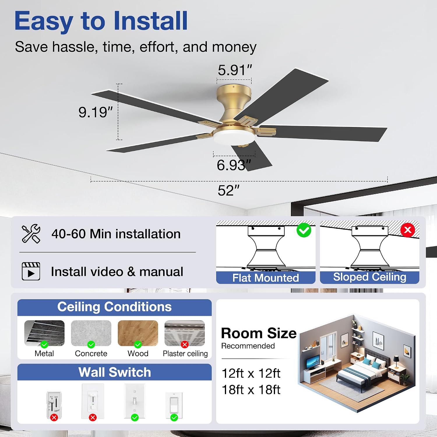 52 Inch Ceiling Fans with Lights,Smart Low Profile Ceiling Fan with Light and Remote Control,Modern Flush Mount Ceiling Fans for Bedroom,Patio,Porch,Outdoor Indoor Use,in Black White and Gold,Quiet
