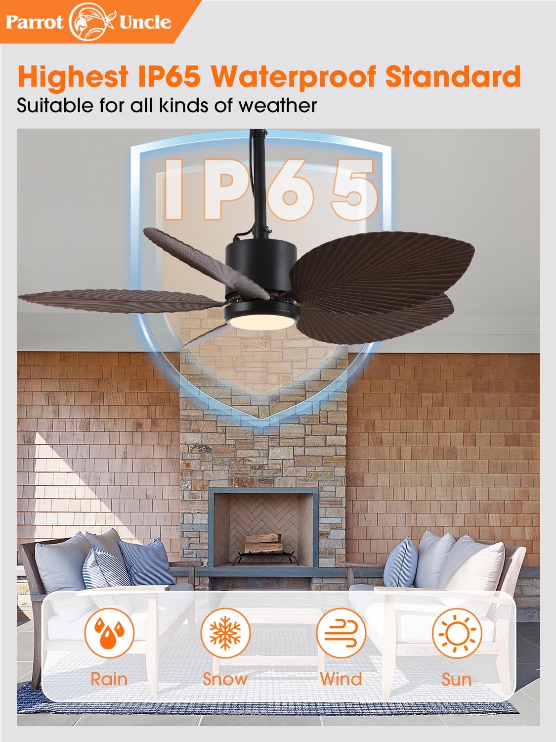Parrot Uncle 42 Inch Outdoor Palm Leaf Ceiling Fan,IP66 Outdoor Waterproof Ceiling Fan with Light,3CCT 6-Speed Quite DC Motor, Wet Rated Plug in Fans for Patios Porch Pergola (Brown & Black)
