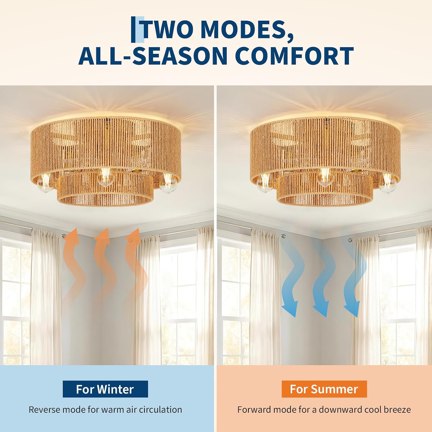 Garvee 20'' Rattan Boho Ceiling Fan with Light Flush Mount, Layered Caged Ceiling Fans with Lights and Remote, 6 Speeds Reversible, E26 Base, for Living Room Bedroom Kitchen
