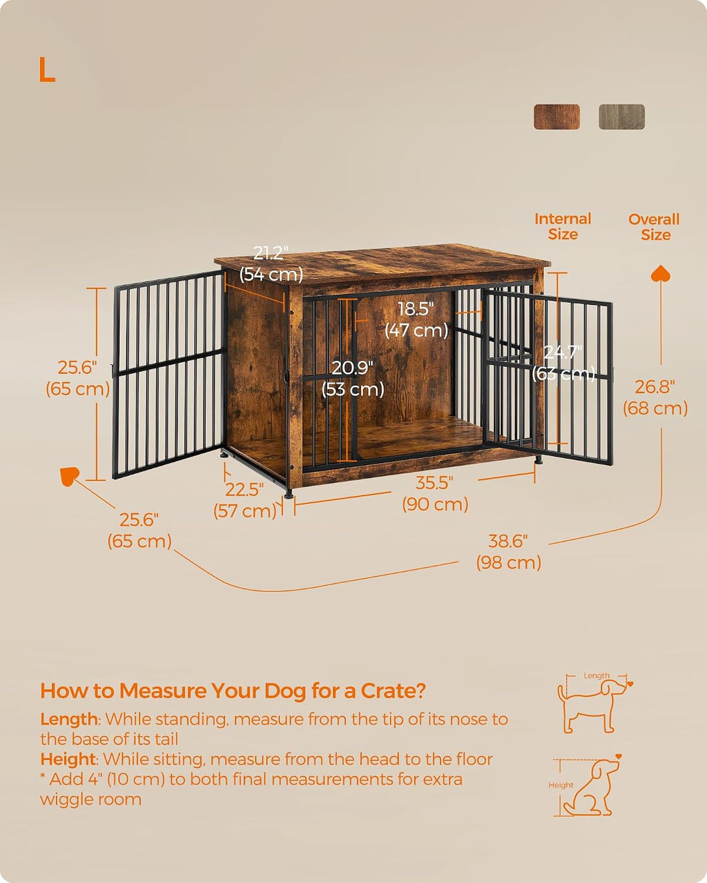 Feandrea 38.6' Dog Crate Furniture, Heavy-Duty Dog Cage Side End Table, XL Pet Wood Kennel for Large and Medium Dogs up to 70 lb with Enclosed Base, Double-Door Pet House, Rustic Brown