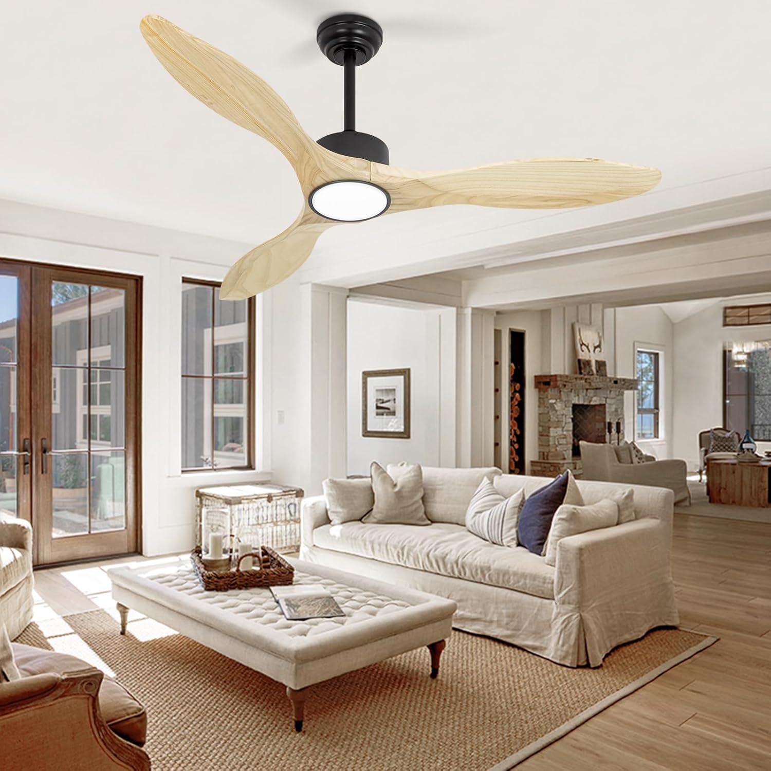 52 inch Ceiling Fans with Lights and Remote, 3 Natural Wood Blades, Modern Indoor/Outdoor Ceiling Fan for Living Room Bedroom Farmhouse Patio, 6 Speeds, Dimmable, Noiseless Reversible DC Motor