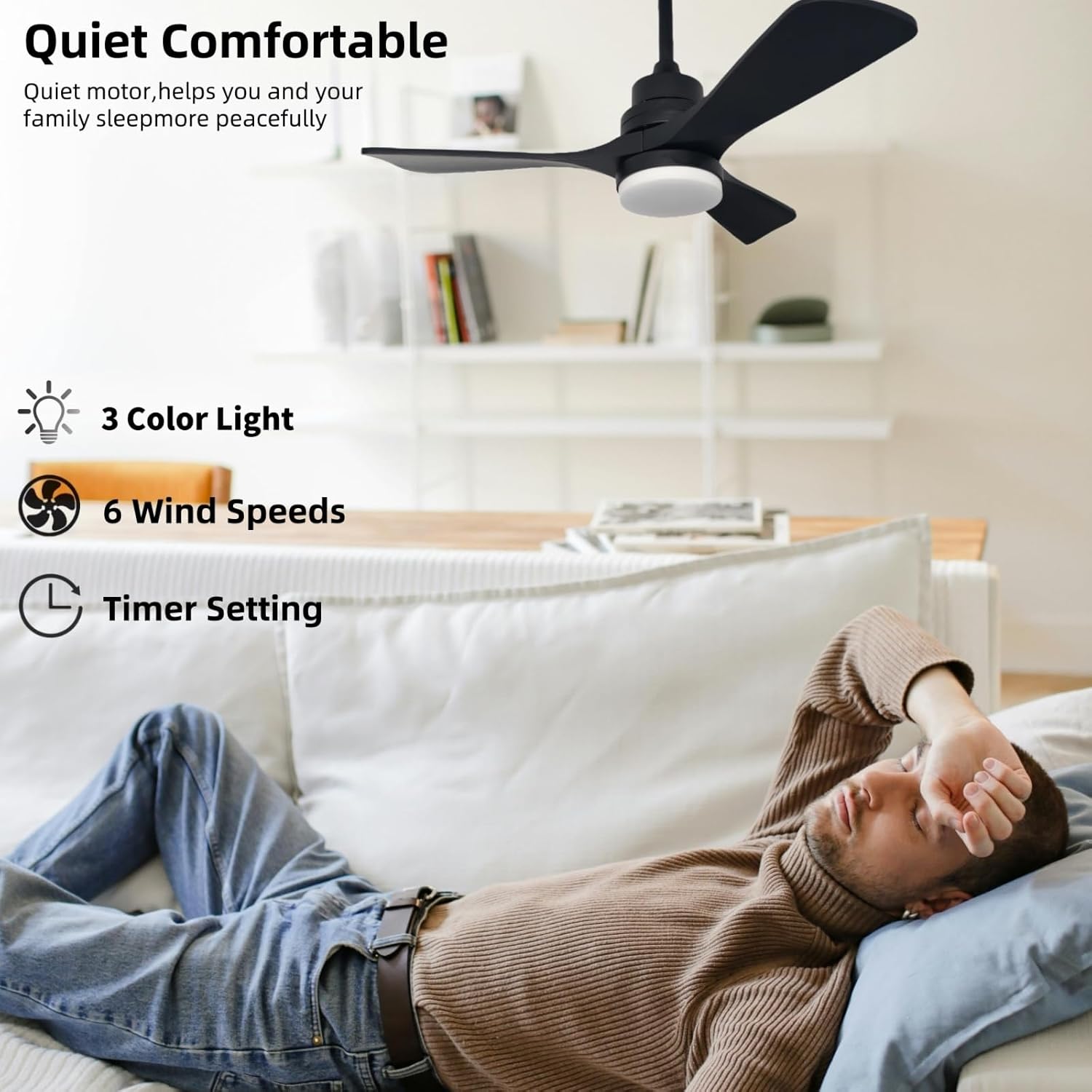 36 inch Ceiling Fan with Light and Remote Control, Reversible DC Motor, Indoor/Outdoor 3 Solid Wood Blades, Modern Ceiling Fan, Suitable for Bedrooms, Living Rooms, Patios, Black