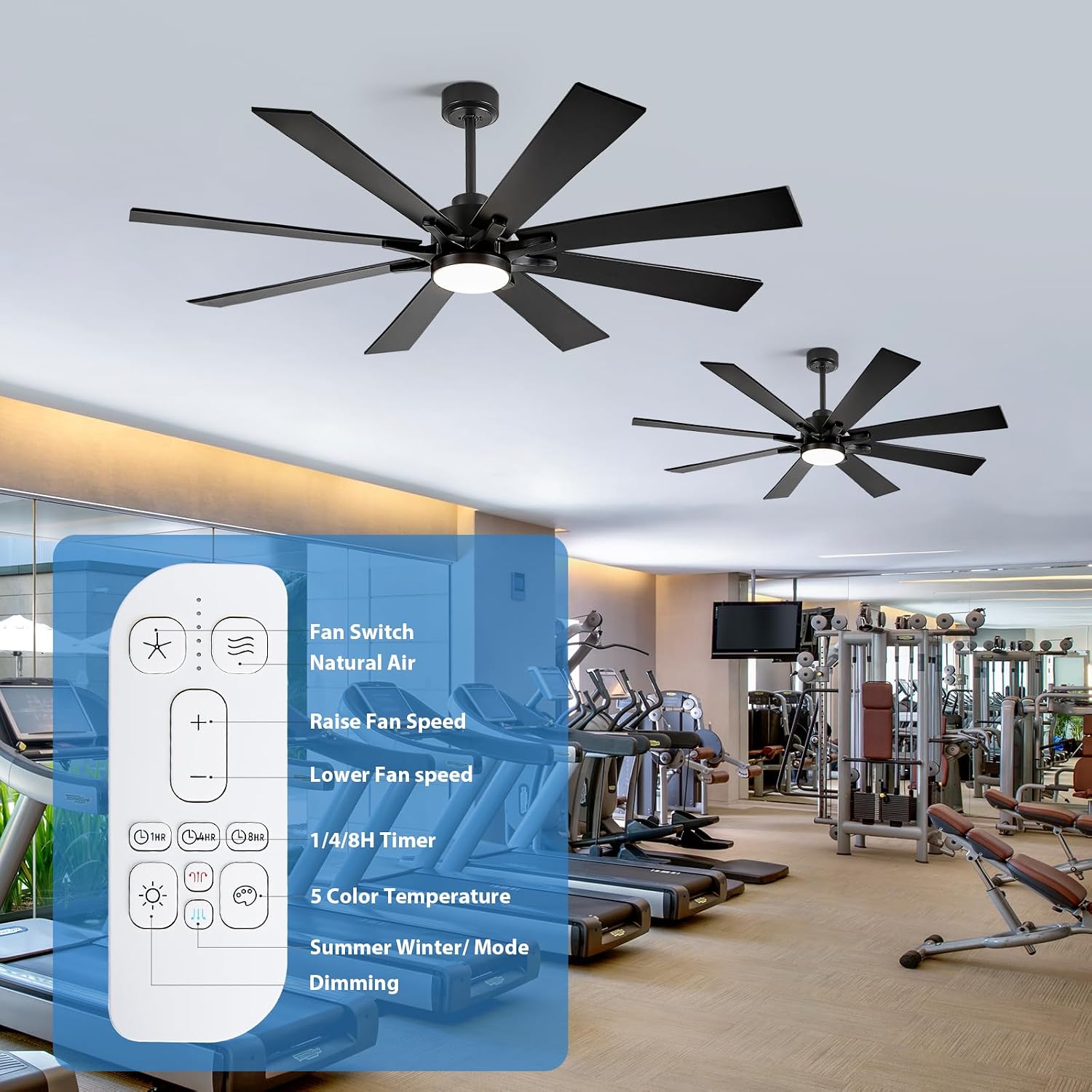62 Inch Smart Ceiling Fan with Light, Modern Black Industrial Home Lighting & Ceiling fans with App/Voice/Remote Control, Damp-rated Large Airflow DC Outdoor Ceiling Fans for Patios Porch Outside