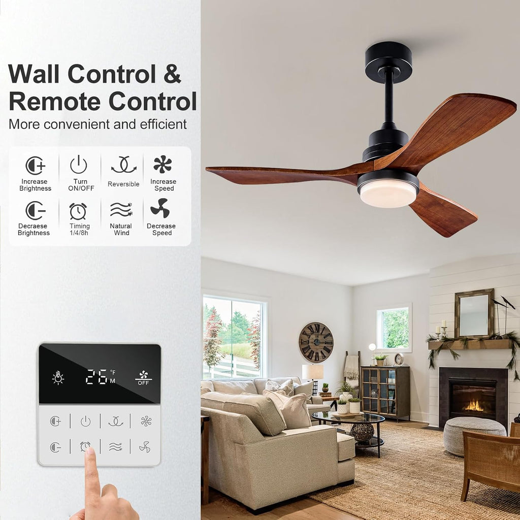 42 Inch Outdoor Ceiling Fans with Lights and Remote Control, Dimmable Outdoor Ceiling Fans for Patios 3 Blade Wood Black Walnut Bedroom Ceiling Fan with Light, Wall Switch