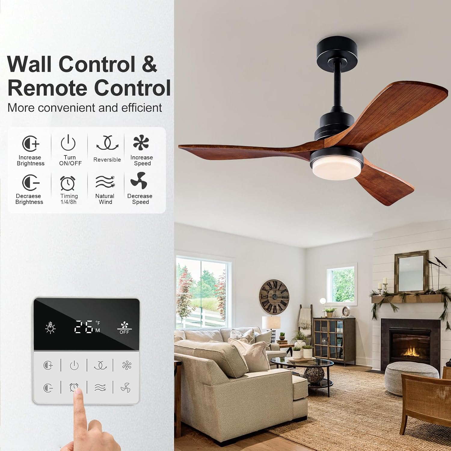 42 Inch Outdoor Ceiling Fans with Lights and Remote Control, Dimmable Outdoor Ceiling Fans for Patios 3 Blade Wood Black Walnut Bedroom Ceiling Fan with Light, Wall Switch