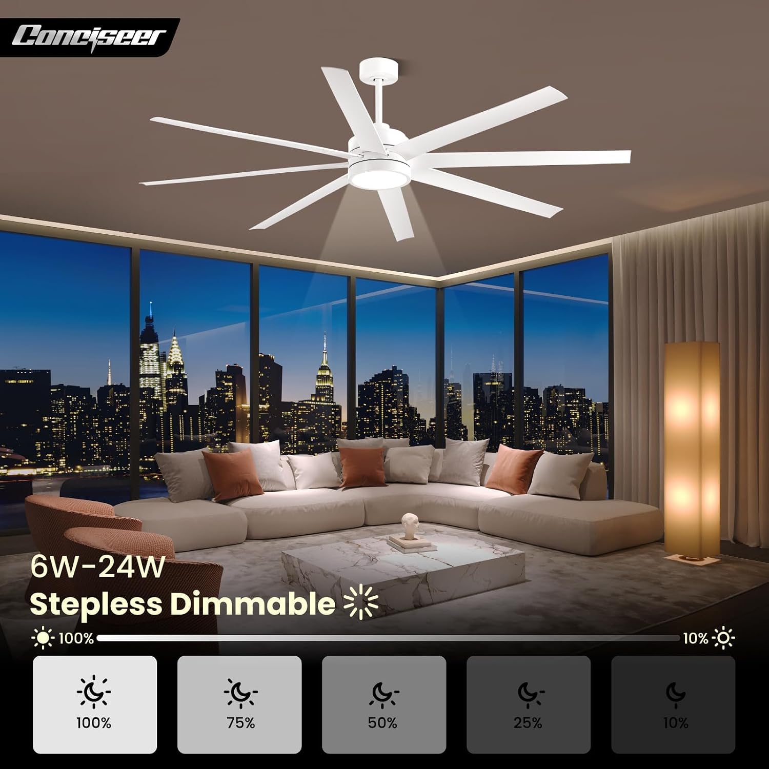 Modern Ceiling Fans with Lights, 72 Inch Ceiling Fan with Remote for Bedroom Living Room Kitchen Library Cafe Outdoor/Industrial Use,24W 3CCT 8 Blades 6 Speed Reversible Quiet DC Motor, White